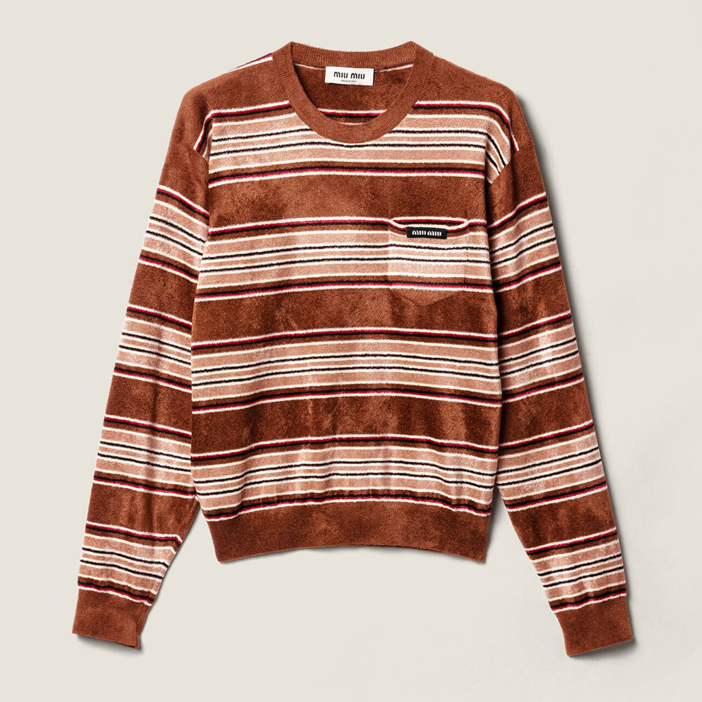 Women's Spring/Summer Chenille Knit Sweater Striped Fashion-Forward Crew Neck Long Sleeve Pullover #194403