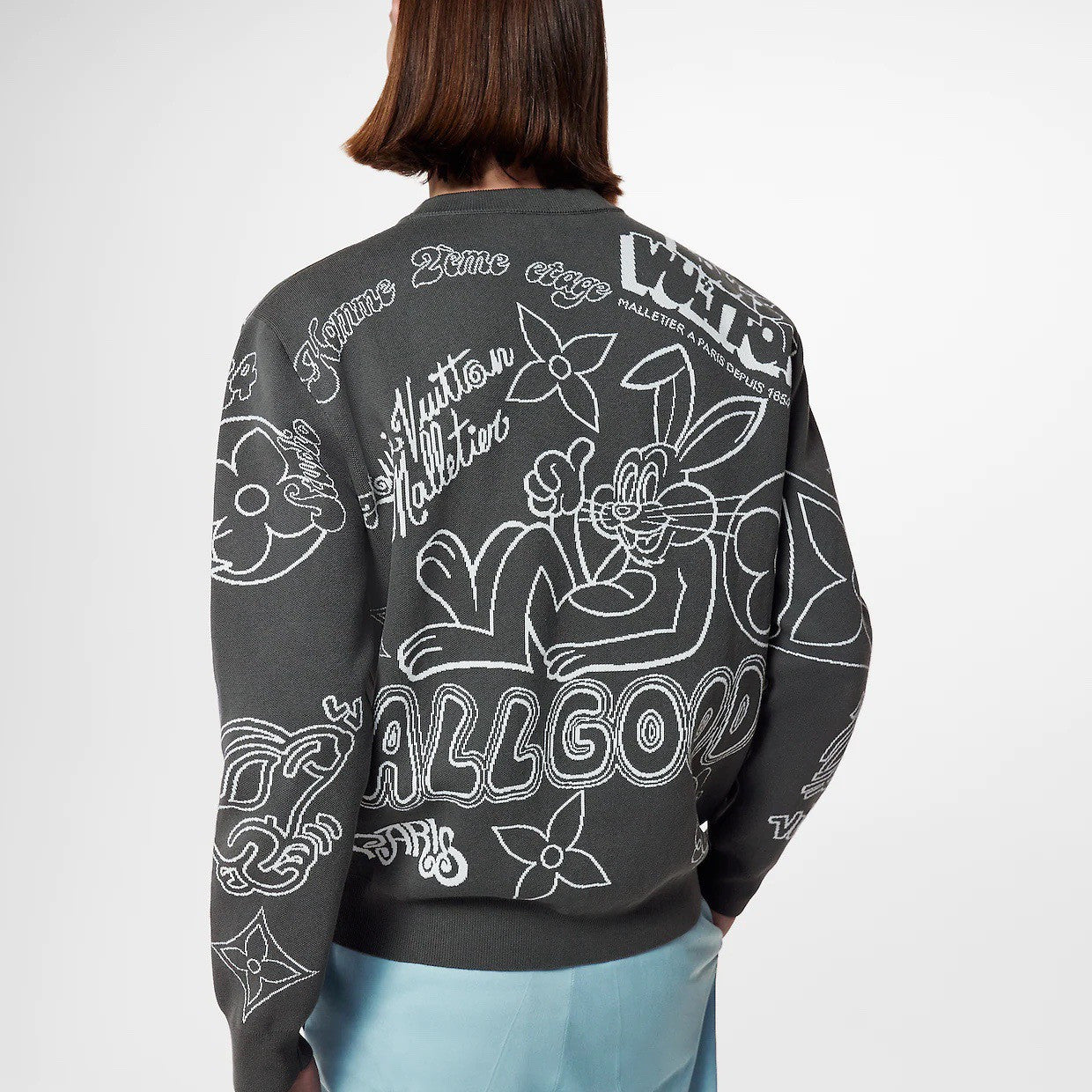 LV Rabbit Cartoon Knitted Sweater Men's Fall/winter Gray And White Pattern Jacquard Pullover Knit Sweater #82347A