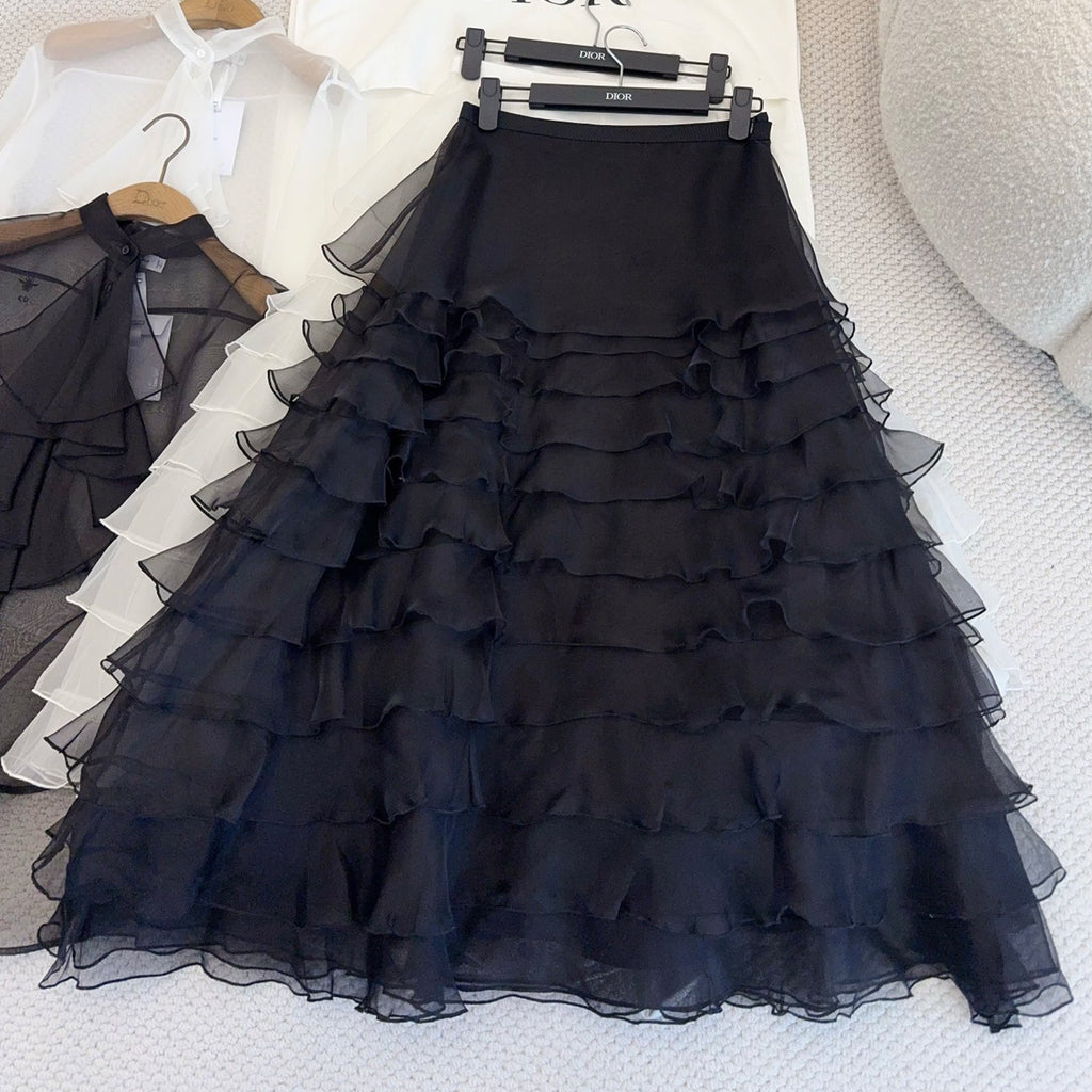 Women's Spring/summer Organza Ruffled Midi Skirt Black & White Solid Color Fashionable Elegant Delicate Skirt #82137A