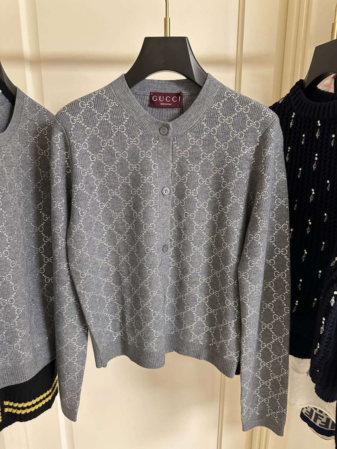 Women's Gray Letter Logo Round Neck Single Breasted Long Sleeve Knit Sweater Jacket #72991