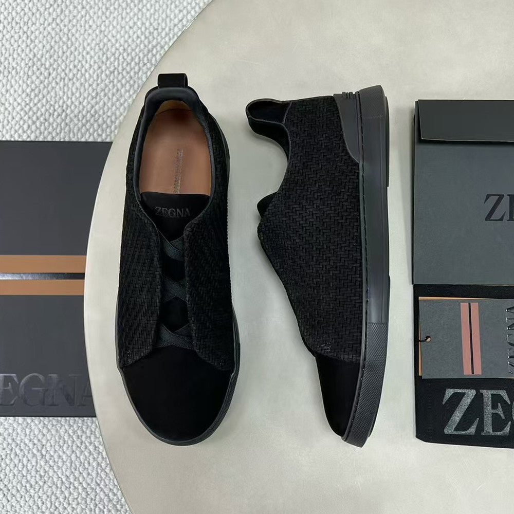 Ermenegildo Zegna Stitch Men's Solid Color Round Toe Slip-On Woven Leather Casual Skate Shoes #77926