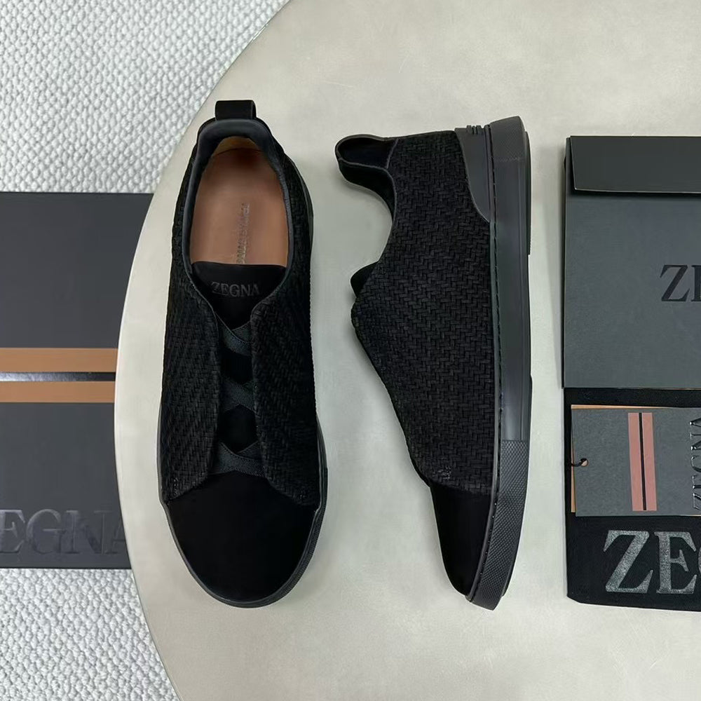 Ermenegildo Zegna Stitch Men's Solid Color Round Toe Slip-On Woven Leather Casual Skate Shoes #77926