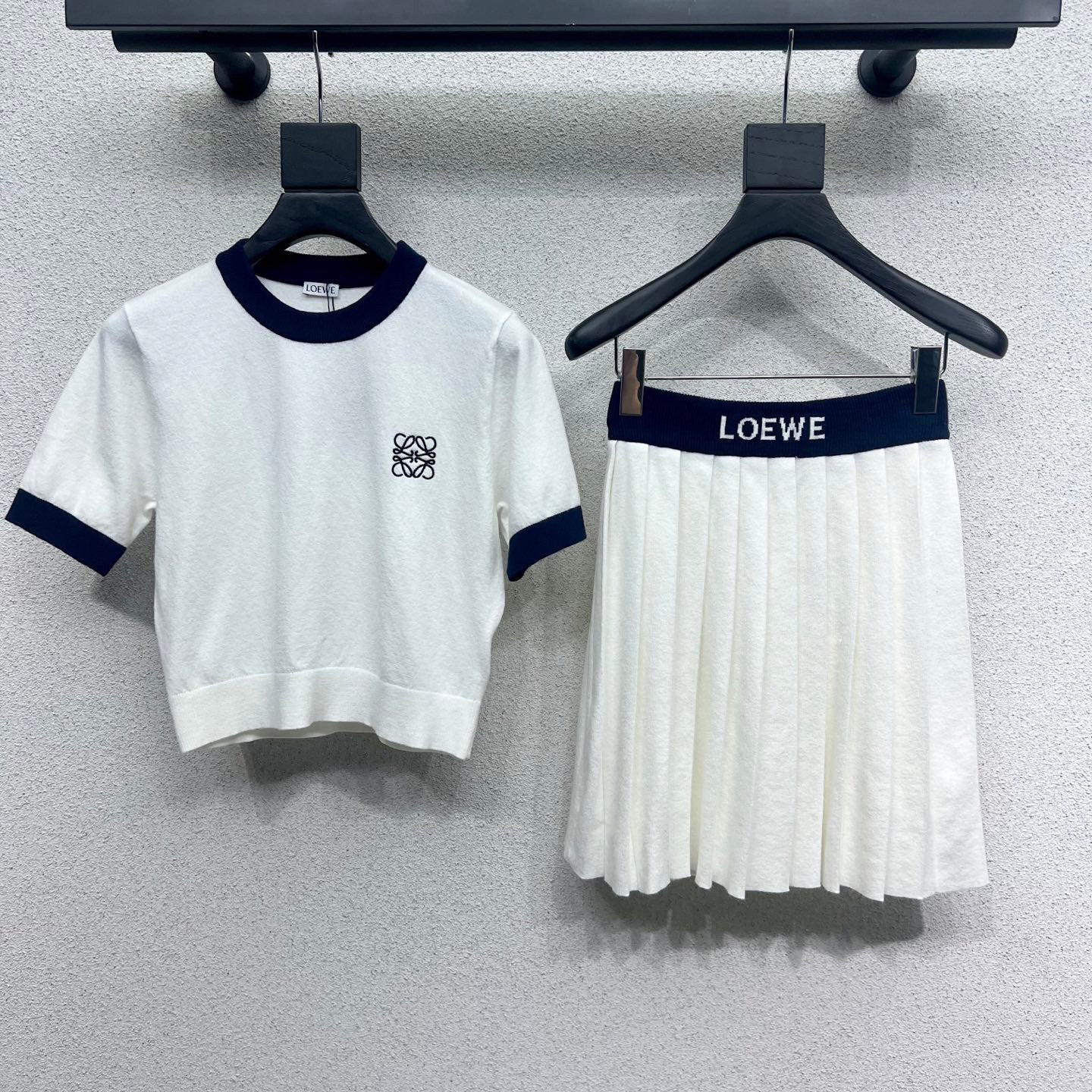 Women's Summer Clashing Color Round Neck Wool Knit Short Sleeve T-Shirt Top Half Body Skirt Set Suit #75919