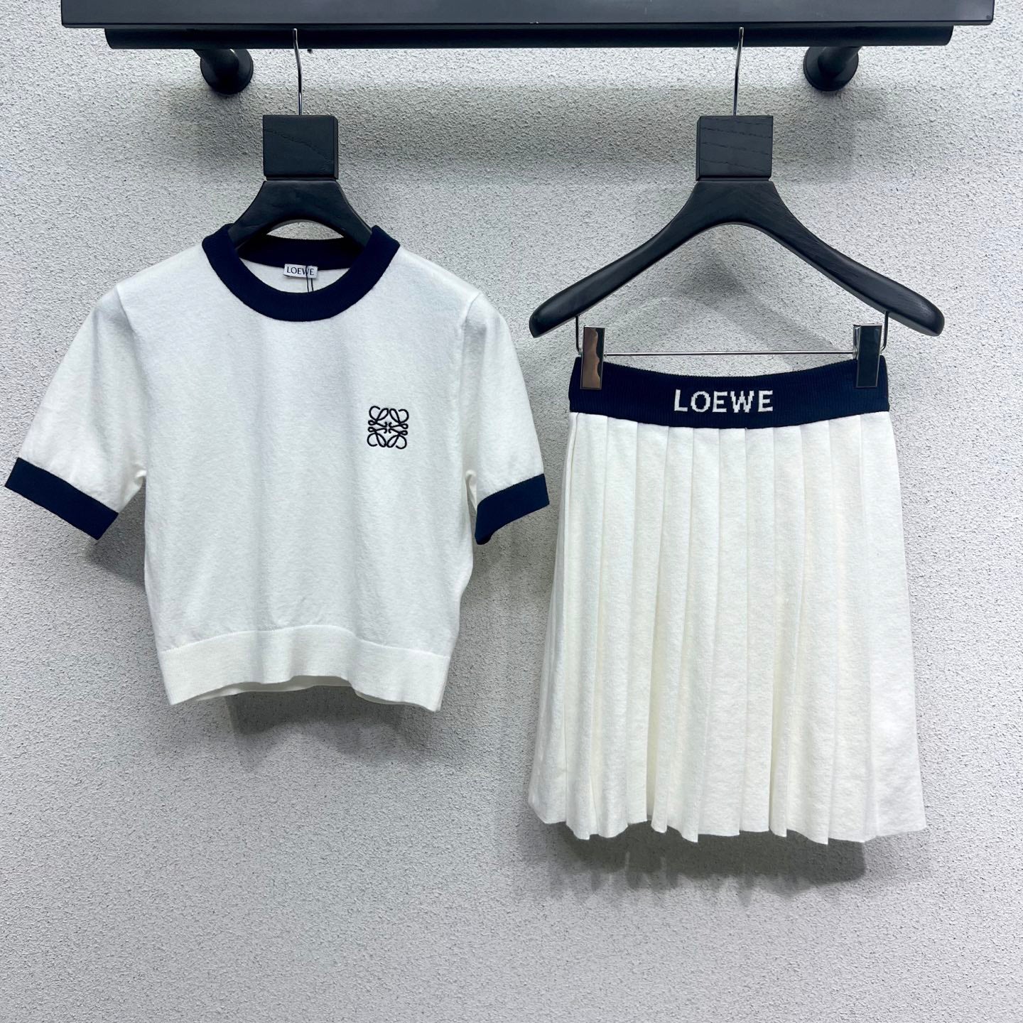 Women's Summer Clashing Color Round Neck Wool Knit Short Sleeve T-Shirt Top Half Body Skirt Set Suit #75919