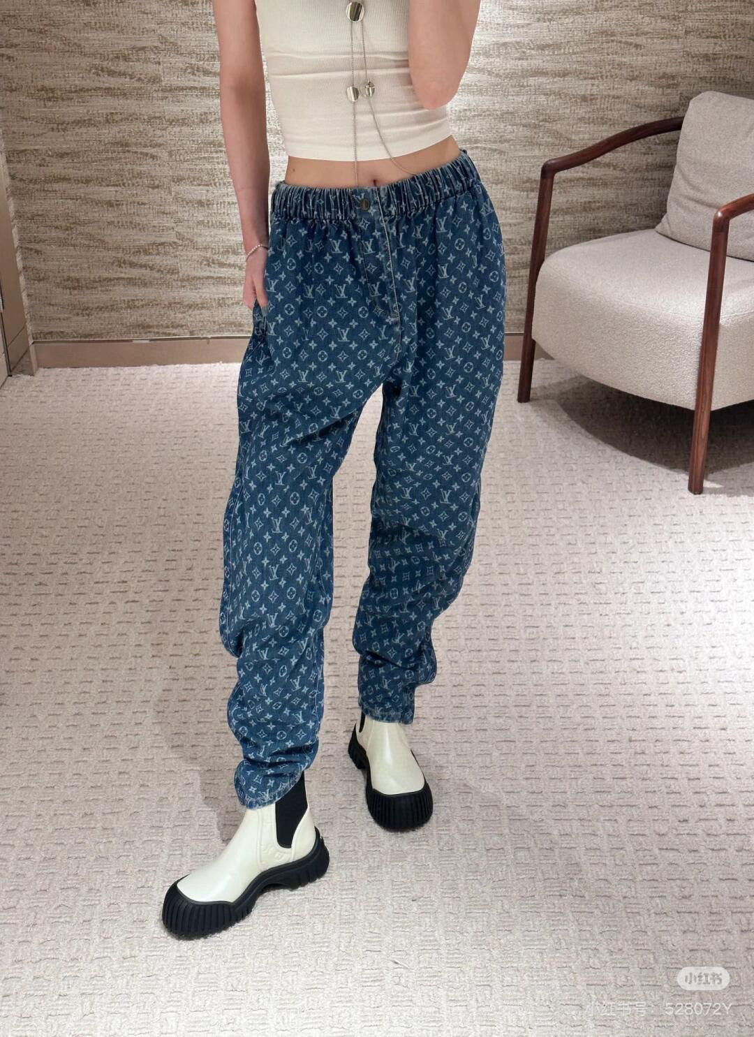 Monogram Jeans Women's Luxury Elastic Waist Drawstring Straight Jeans Fashion Temperament Trend Denim Pants  #81451