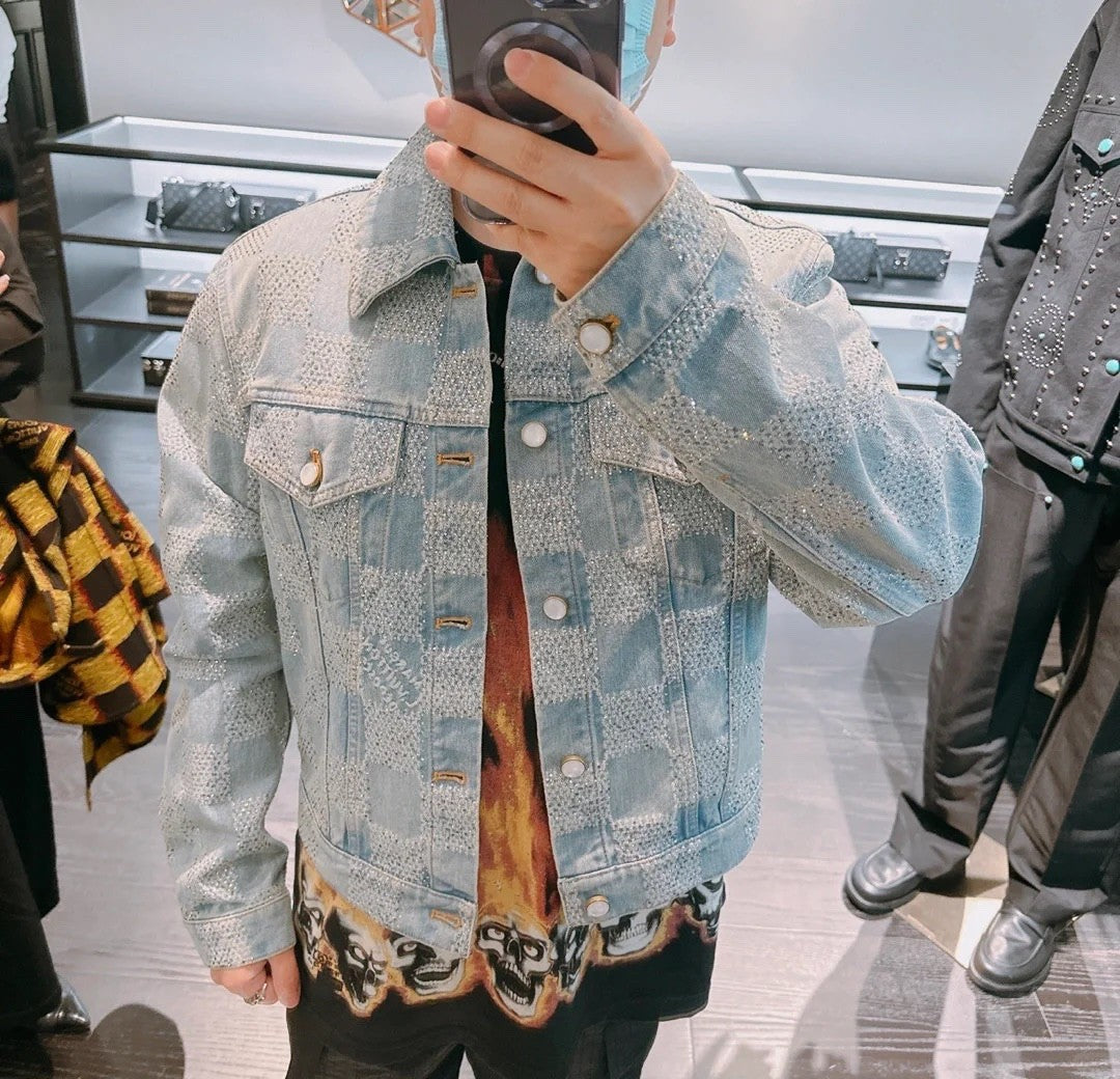 Men's Fall And Winter Mto Embellished Damier Denim Jacket Checkerboard Checkered Jacket With Diamonds Fashionable Versatile Jacket Ngvp #9126