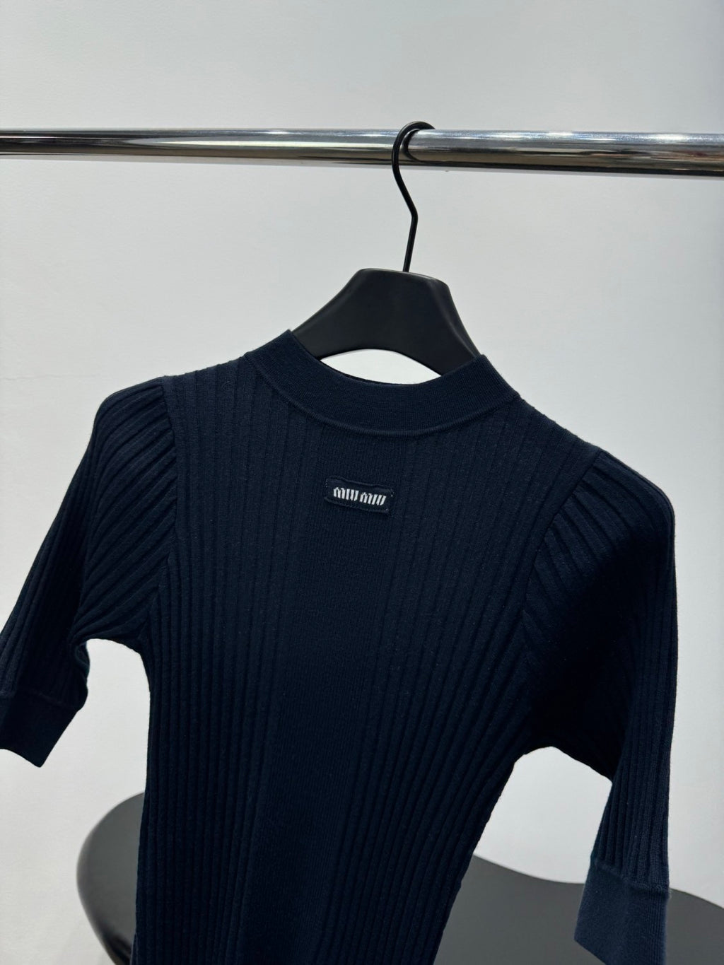 Women's Spring/Summer Ribbed Knit Wool Sweater Black Half-High Neck Short-Sleeve Slim-Fit Knit T-Shirt #194407