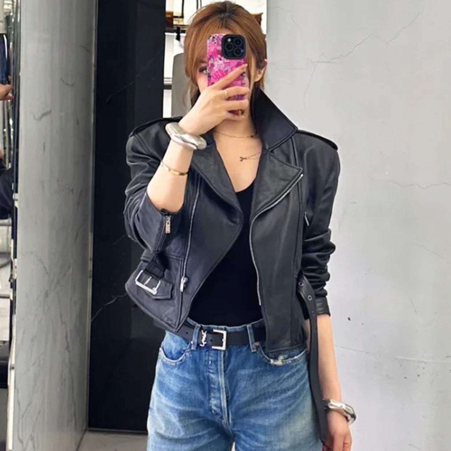 Women's Spring And Autumn Fashion High Street Cowhide Lapel Short Leather Belt Biker Leather Jacket Ngvp #8156