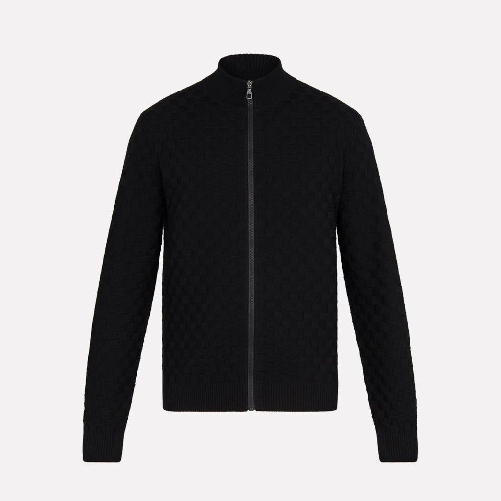 Men's Autumn And Winter Solid Color DAMIER Plaid Knit Zipper Standing Collar Wool Cardigan Long Sleeve Jacket Ngvp #9382