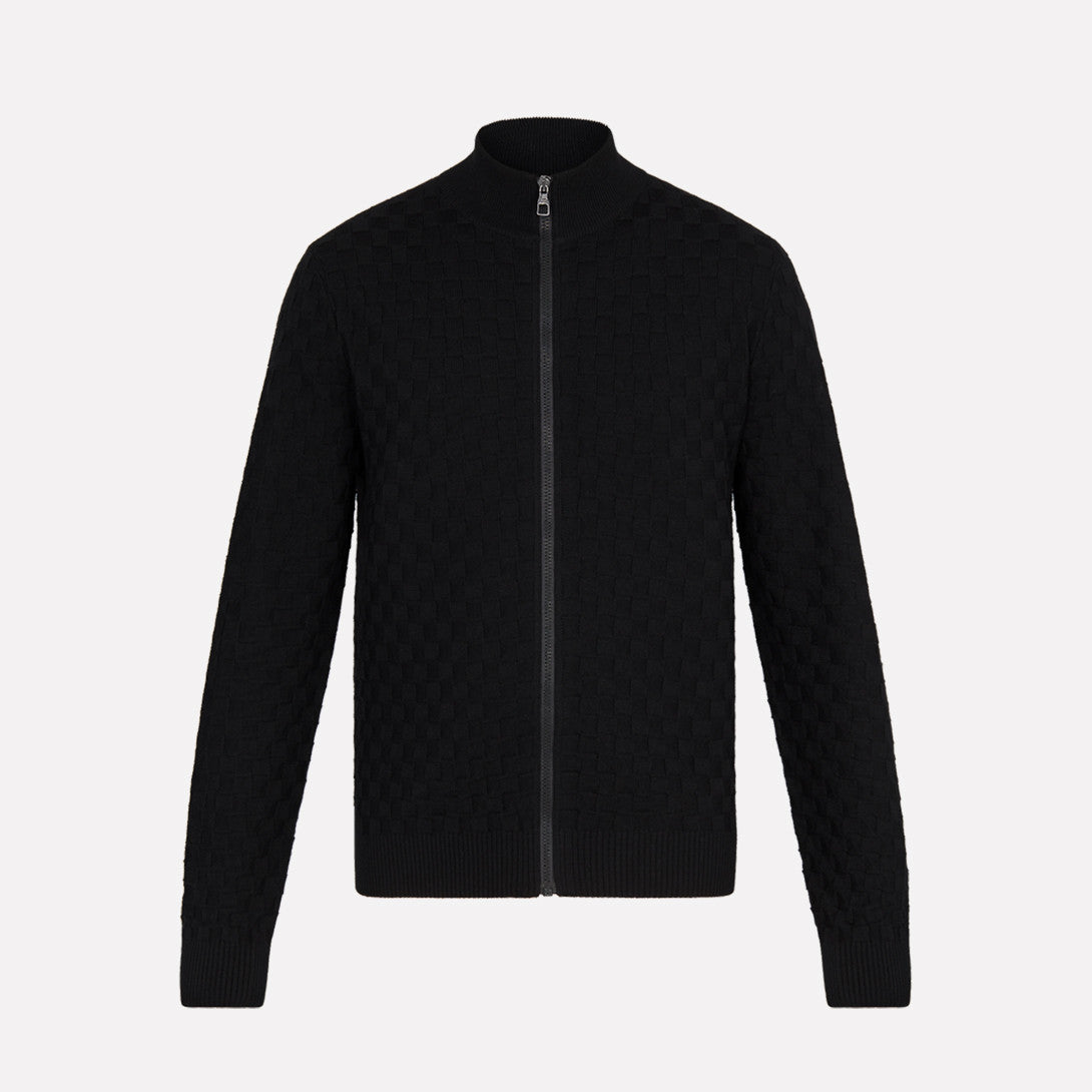 Men's Autumn And Winter Solid Color DAMIER Plaid Knit Zipper Standing Collar Wool Cardigan Long Sleeve Jacket Ngvp #9382