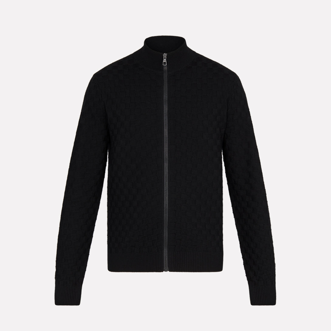 Men's Autumn And Winter Solid Color DAMIER Plaid Knit Zipper Standing Collar Wool Cardigan Long Sleeve Jacket Ngvp #9382