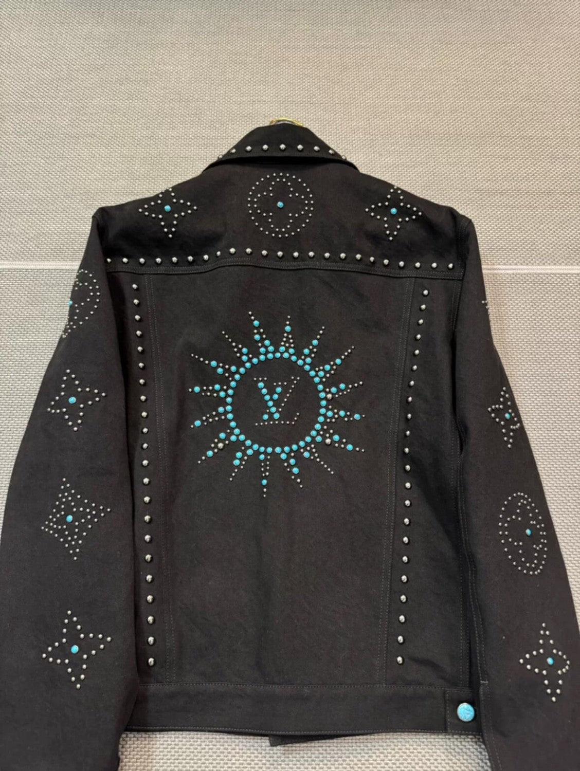 Men's Fall/Winter Black Logo Pattern Embroidery Lapel Long Sleeve Denim Jacket #72824
