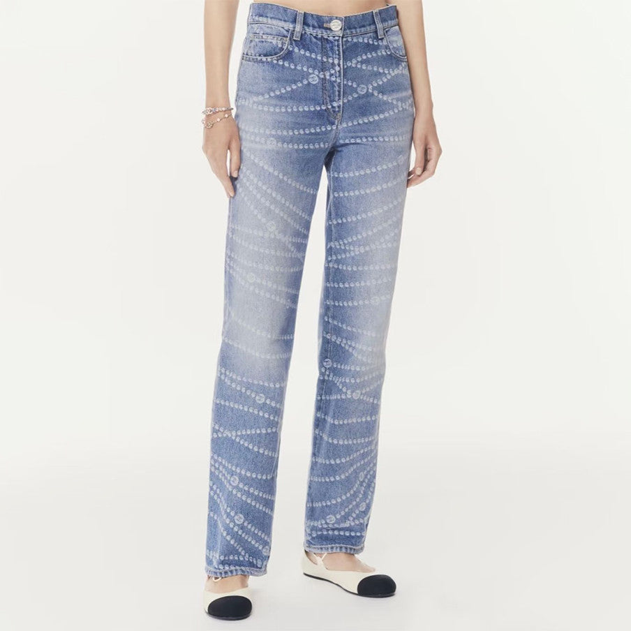 Women's Four Seasons Pearl Chain Print Cotton Casual Solid Color Straight Jeans Denim Pants #76229