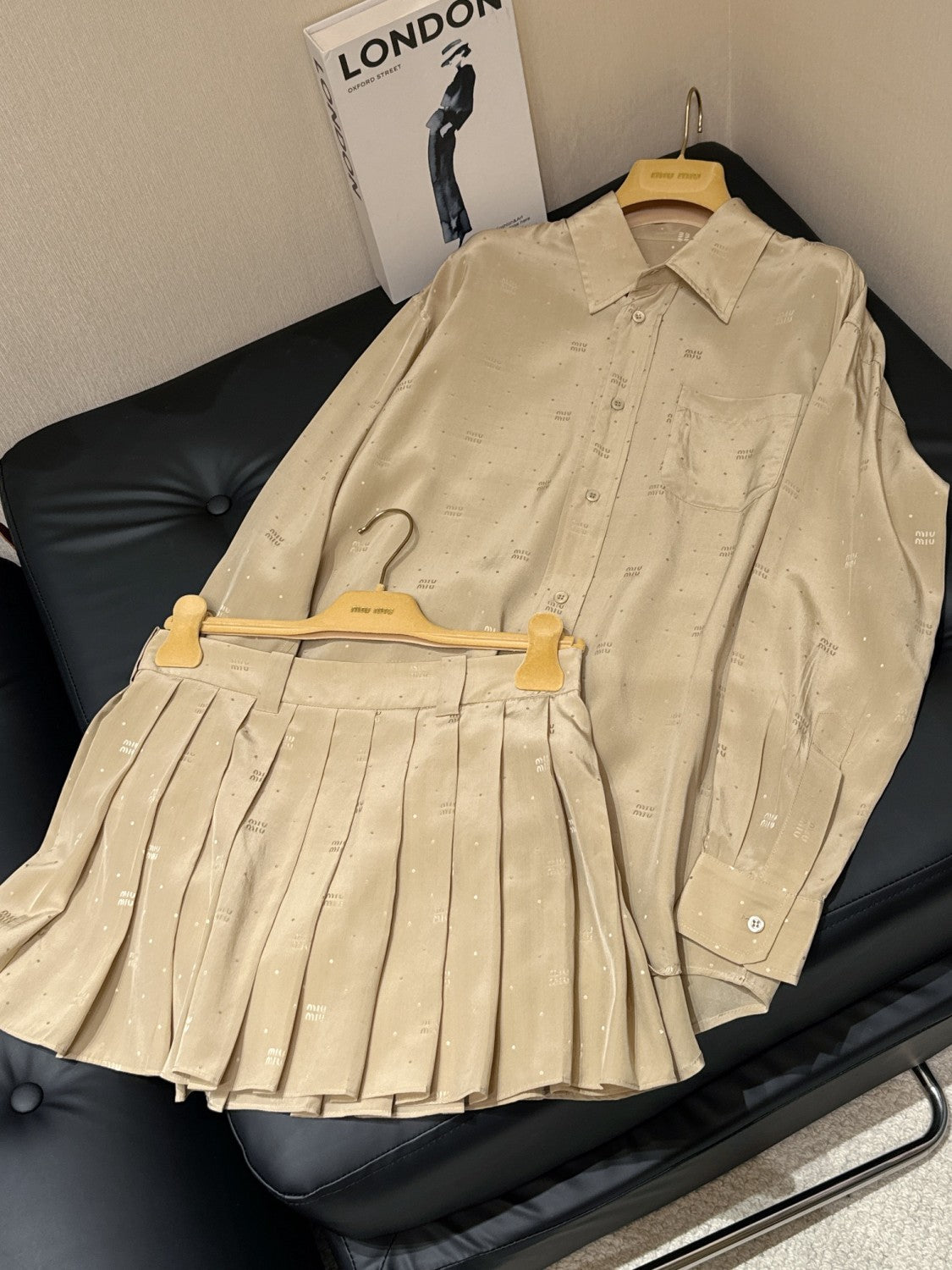 Women's Spring/Summer Dark Logo Khaki Single Breasted Long Sleeve Shirt Pleated Short Skirt Set Suit #72378
