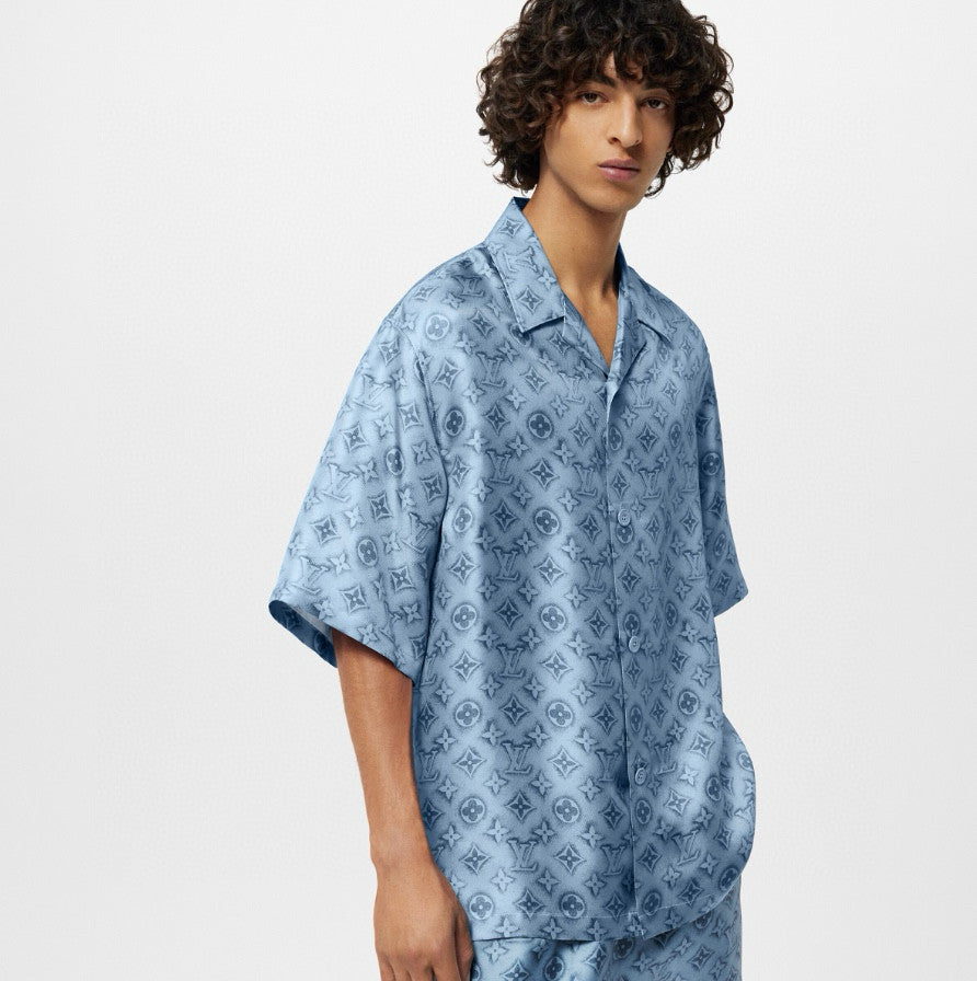 Men's Summer Blue Logo Print Full Print Lapel Single Breasted Casual Short Sleeve Shirt Elastic Waist Shorts #98438