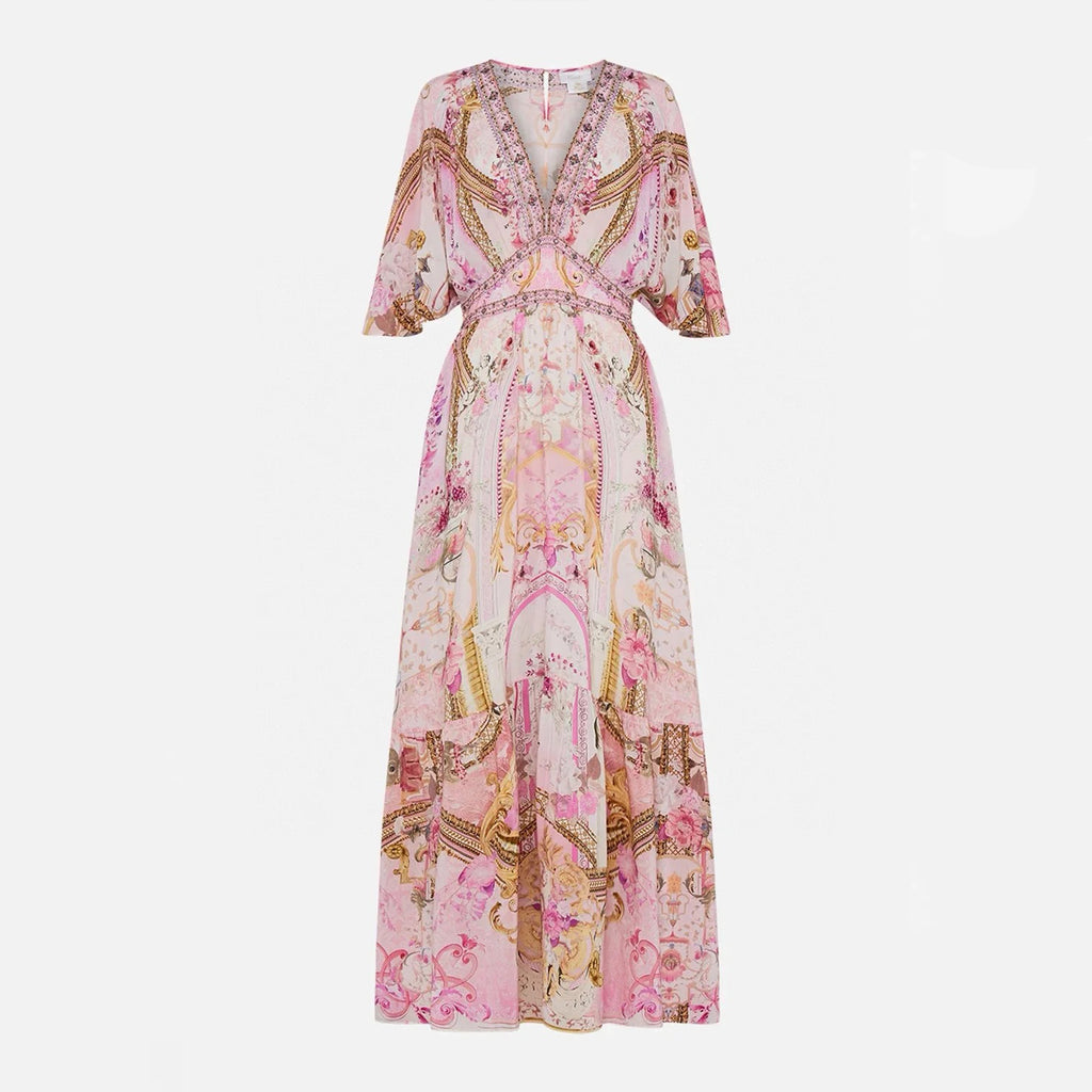 Camilla Women's Summer Fashion Pink Flower Silk Print Bohemian Diamond Slim V-neck Long Sleeve Dresses Ngvp #8783