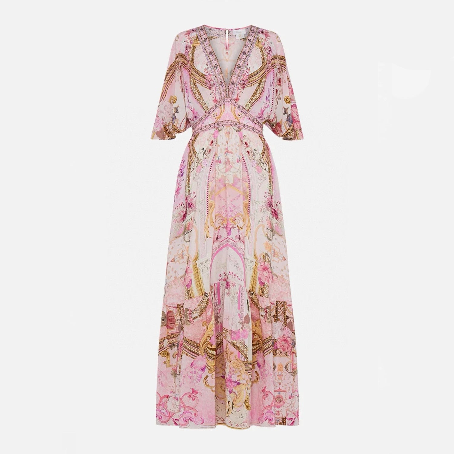 Camilla Women's Summer Fashion Pink Flower Silk Print Bohemian Diamond Slim V-neck Long Sleeve Dresses Ngvp #8783