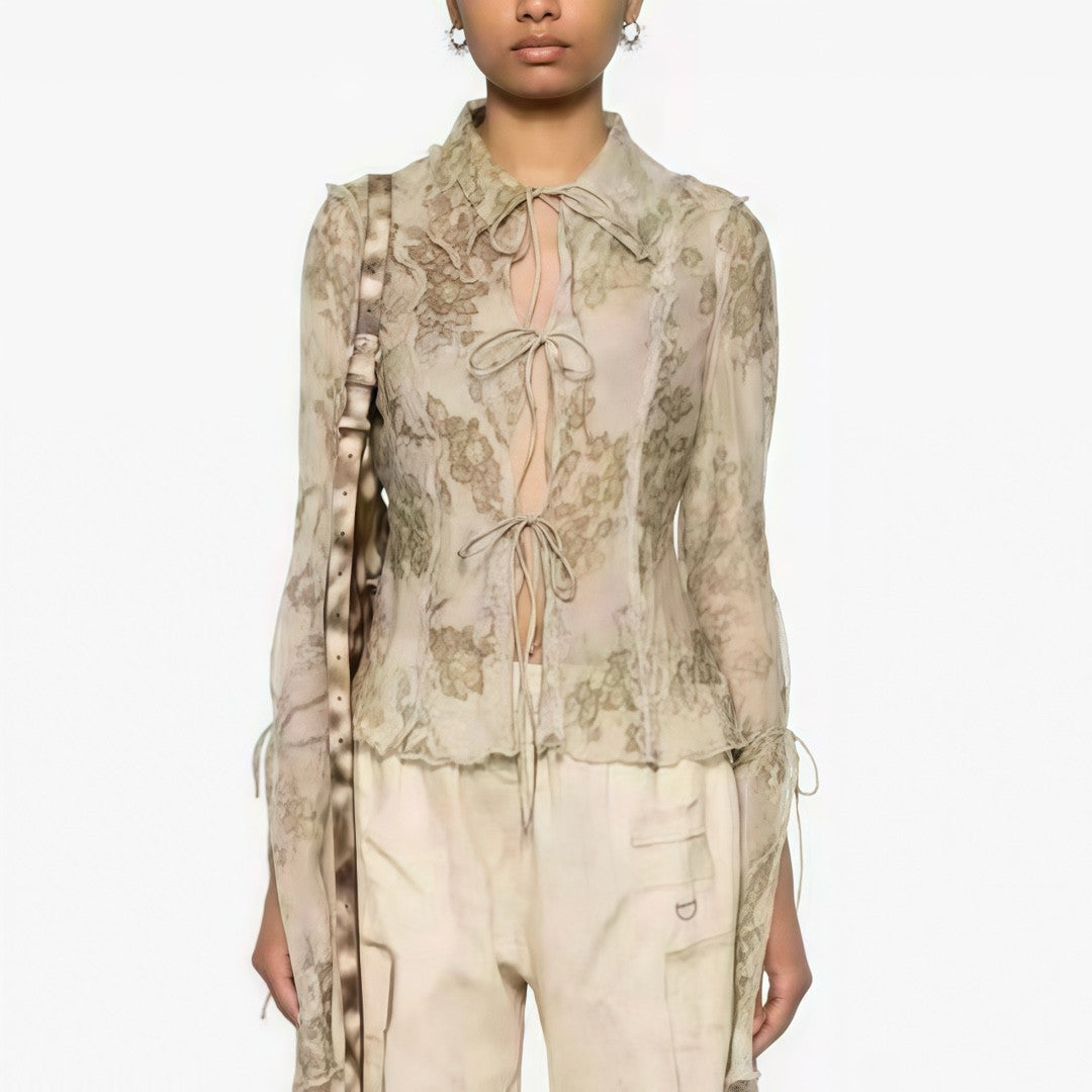 Women's Spring And Autumn Solid Color Pattern Printed Silk Casual Long Sleeve Shirt Ngvp #9187