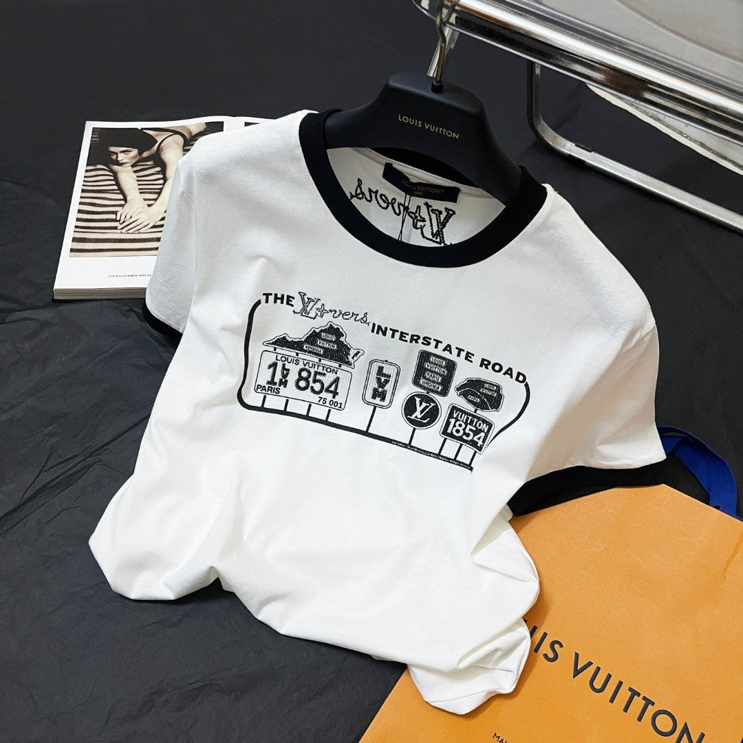 Men's And Women's Summer White Logo Letters Road Signs Printed Casual Cotton Round Neck Short Sleeve T-shirt #72739