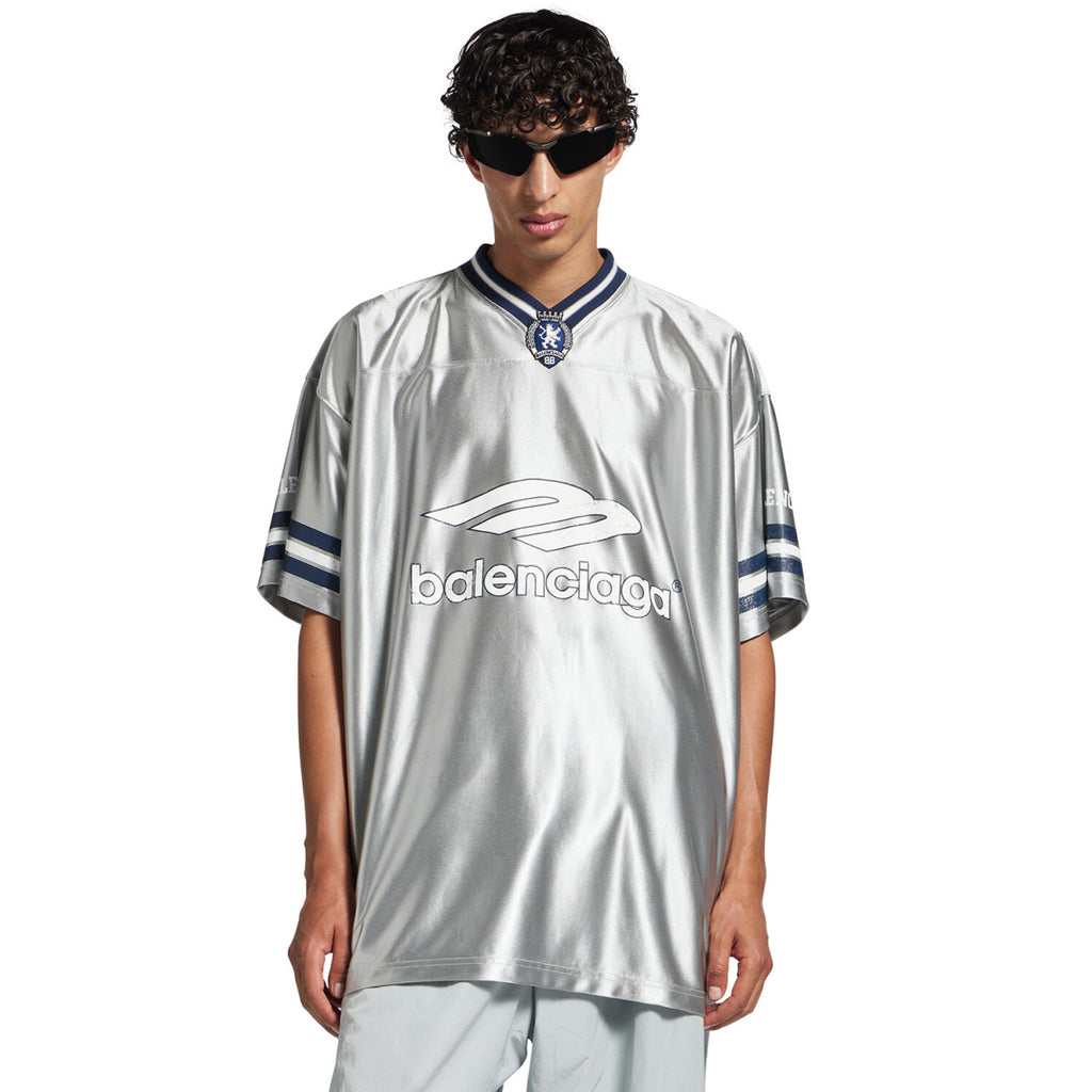 26 Spring 3B FOOTBALL Oversized V-Neck T-Shirt Silver and Bright Blue Fashionable High-Street Trend T-Shirt #82348A