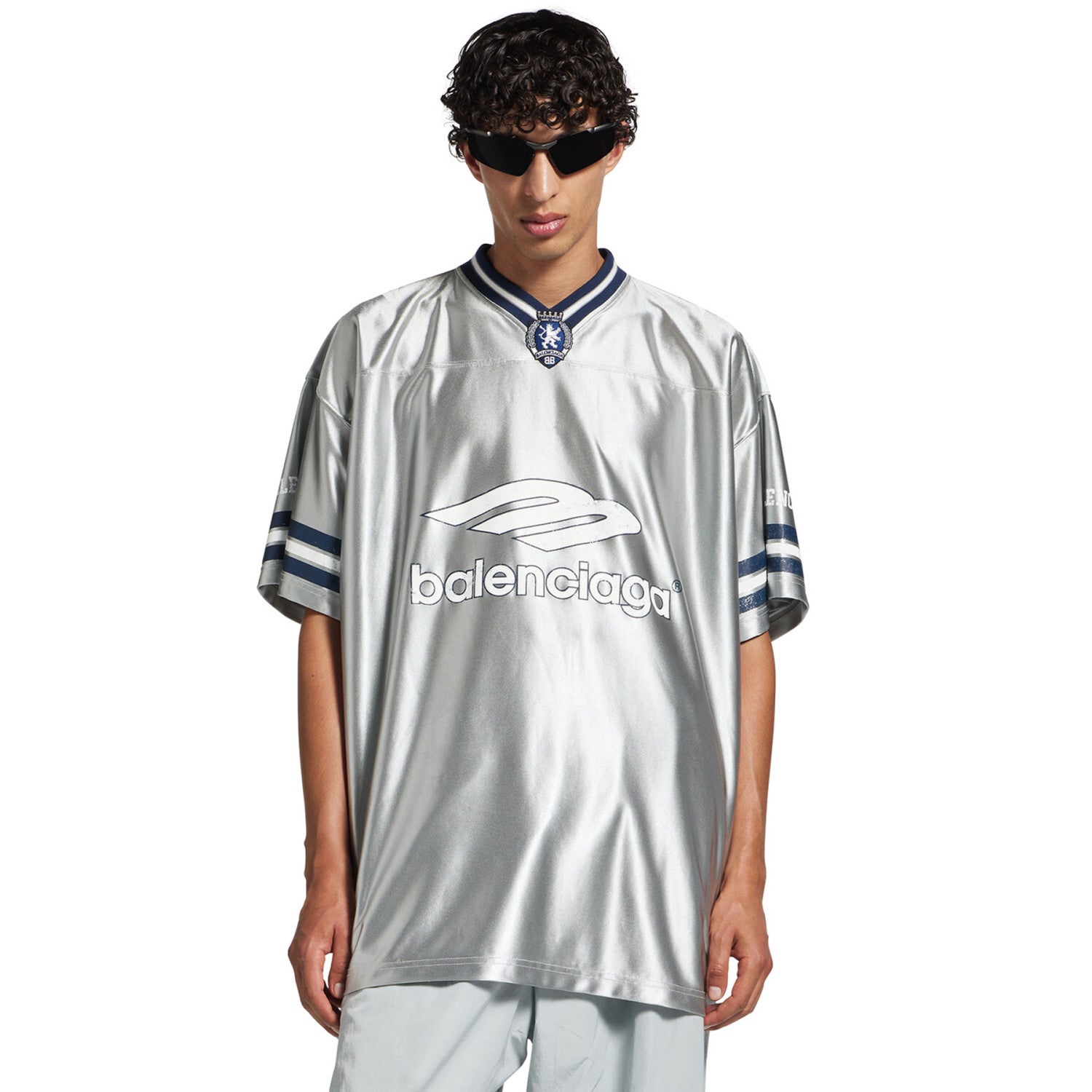 26 Spring 3B FOOTBALL Oversized V-Neck T-Shirt Silver and Bright Blue Fashionable High-Street Trend T-Shirt #82348A