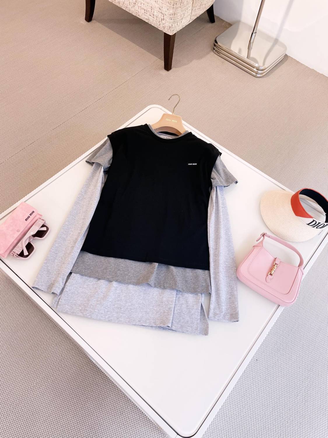 Women's Summer Clashing Color Embroidery Letter Logo Round Neck 3 Piece Layered T-Shirt Set  #74498