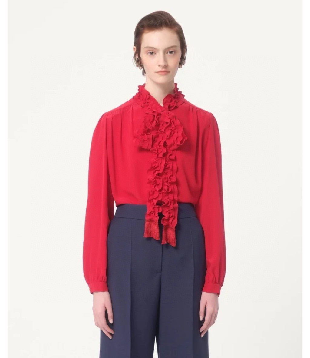 Women's Summer Solid Color Long Sleeved Bow Flutter Silk Single Breasted Shirt #74765