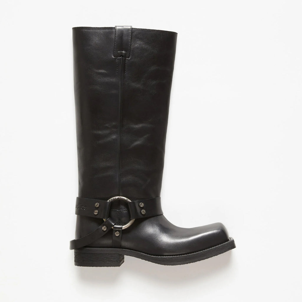 Acne Studios Women's Fashion Overlay Leather Buckle Boots Solid Color Casual Round Toe Boots Ngvp #9275