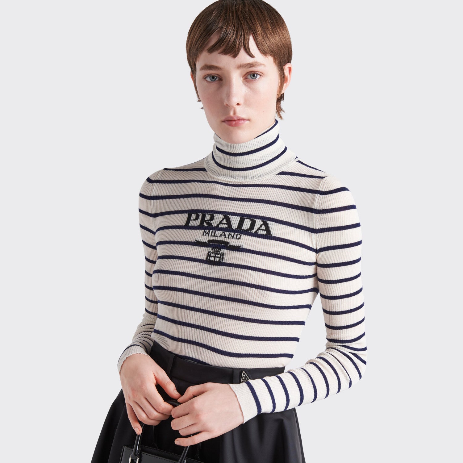 Women's Spring and Autumn Striped Printed Letter Insert High Neck Pullover Wool Sweater #75136