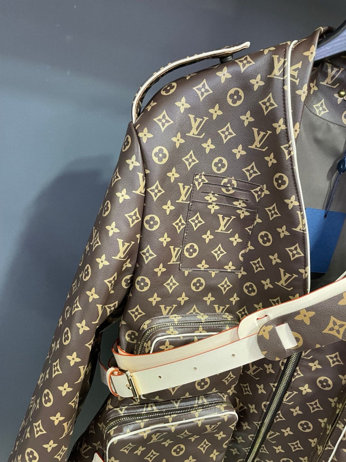 2025 FallWinter Men's Classic Monogram Tactical Leather Jacket with Three Detachable Straps #83127A