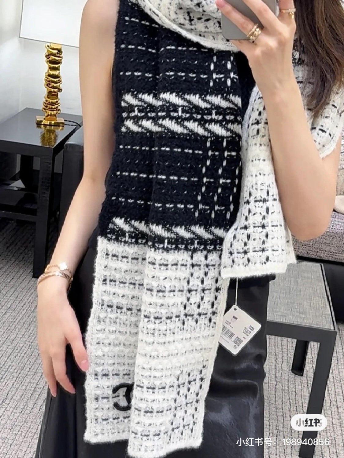 Women's Winter Black and White Wool Knitted Scarf #73138