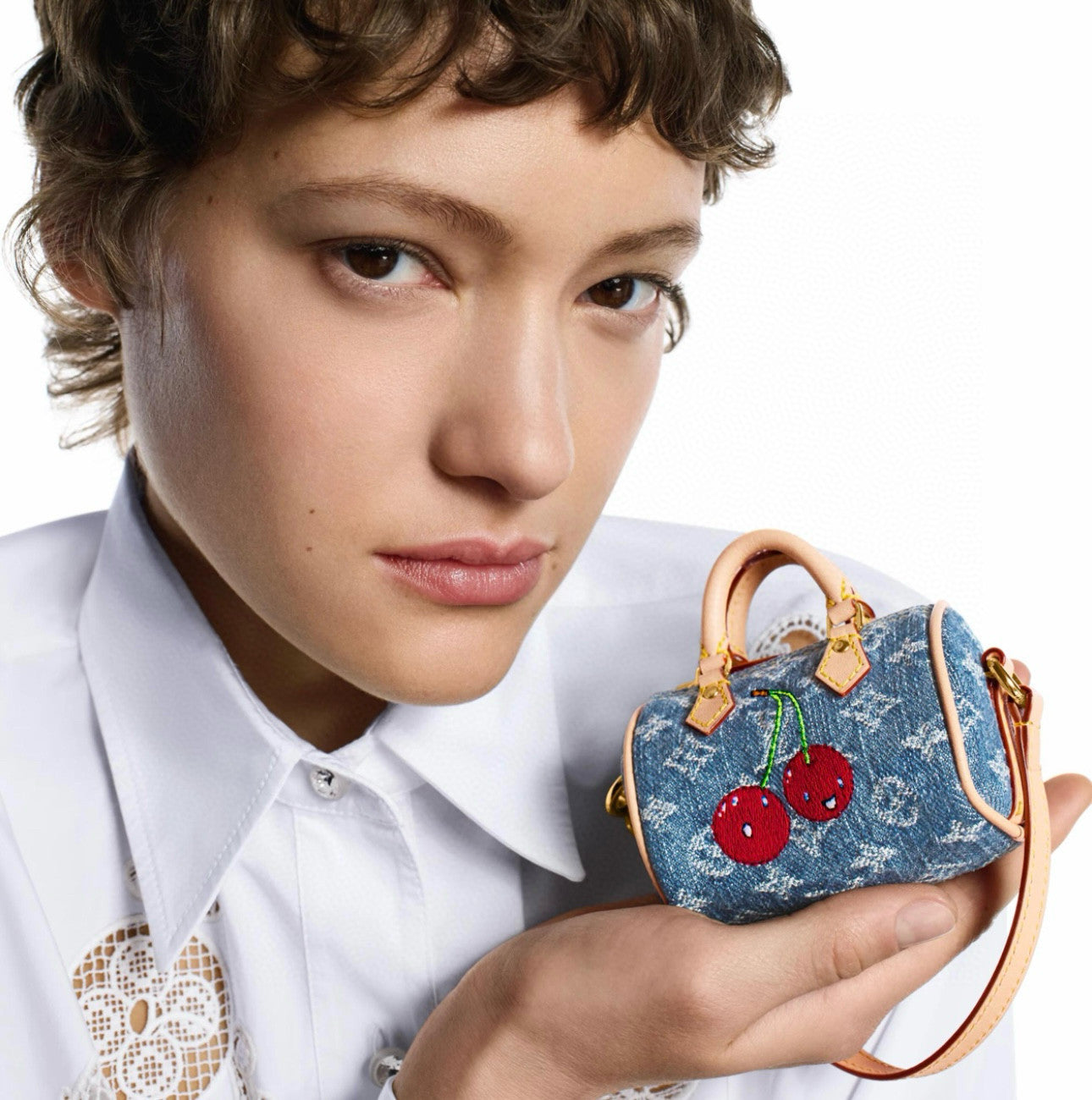 LV x TM Micro Speedy Denim Cerise Women's Blue Denim Fabric Cherry Pattern Mini Bag Bags #77583