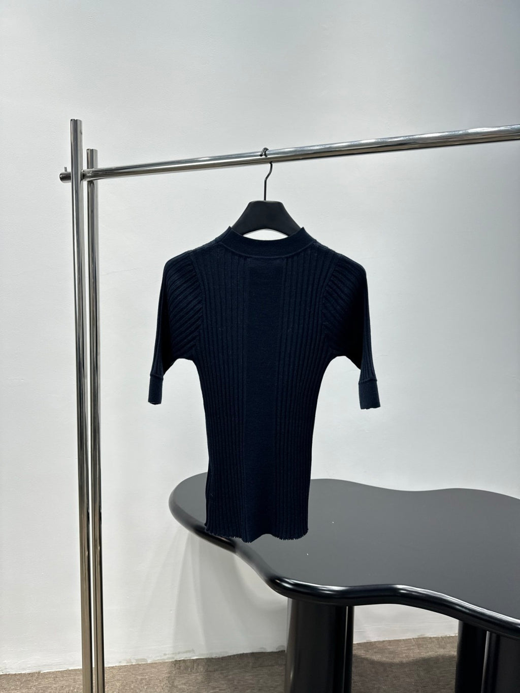 Women's Spring/Summer Ribbed Knit Wool Sweater Black Half-High Neck Short-Sleeve Slim-Fit Knit T-Shirt #194407