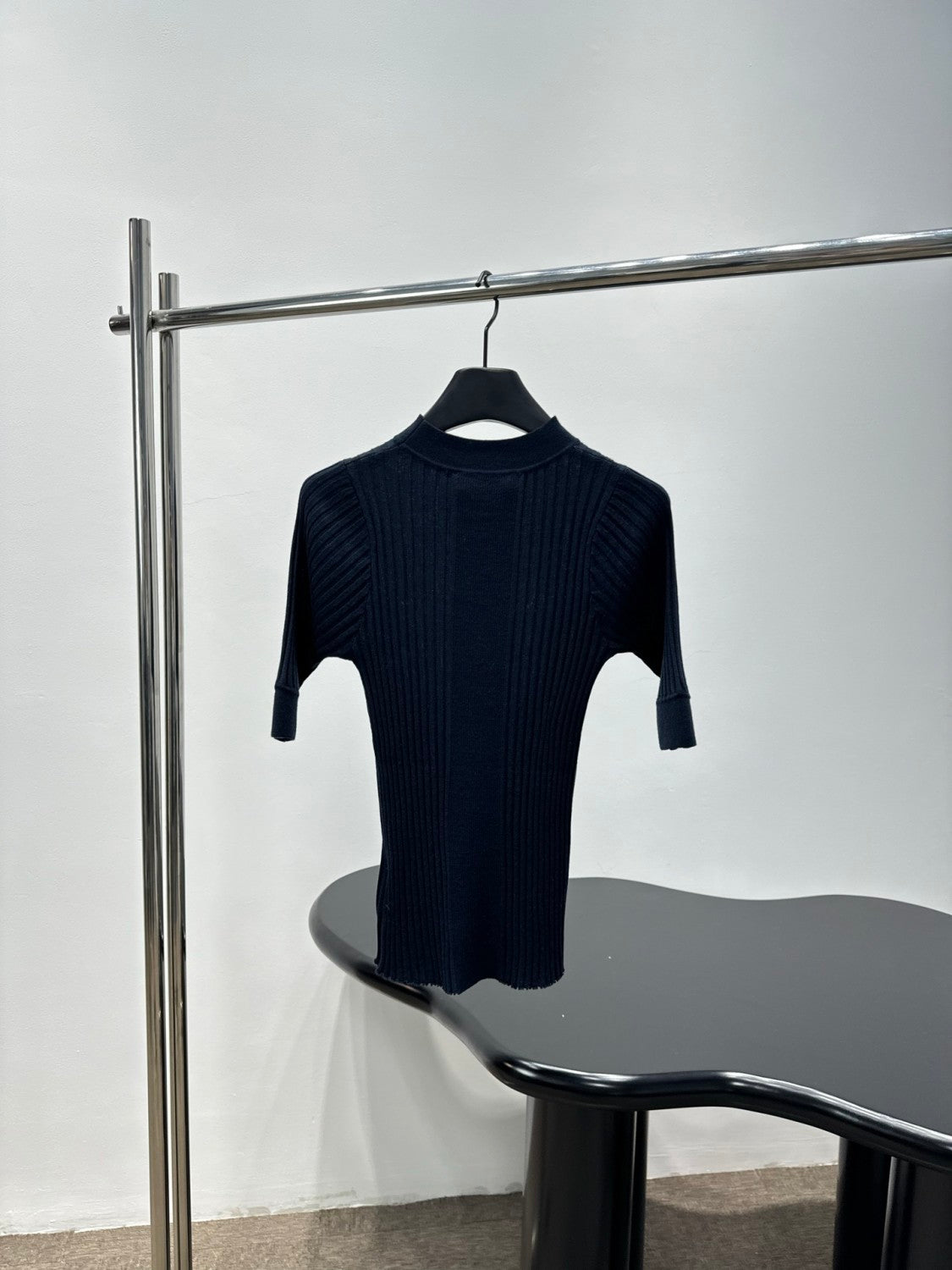 Women's Spring/Summer Ribbed Knit Wool Sweater Black Half-High Neck Short-Sleeve Slim-Fit Knit T-Shirt #194407