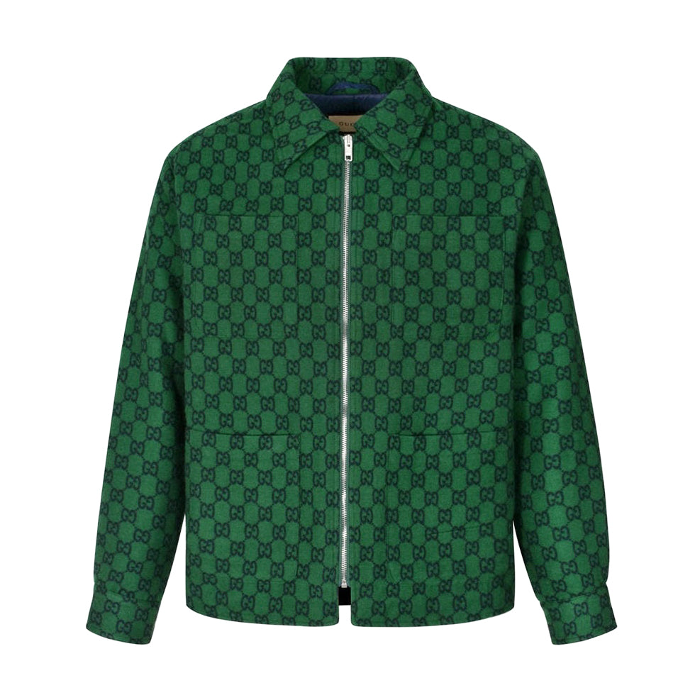 Men's Spring and Autumn Green Logo Full Print Wool Blend Zipper Long Sleeve Jacket #72382