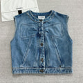 Women's Spring/Fall Casual Solid-Color Cotton Crew Neck Bow-Detail Denim Sleeveless Vest Ngvp #2591