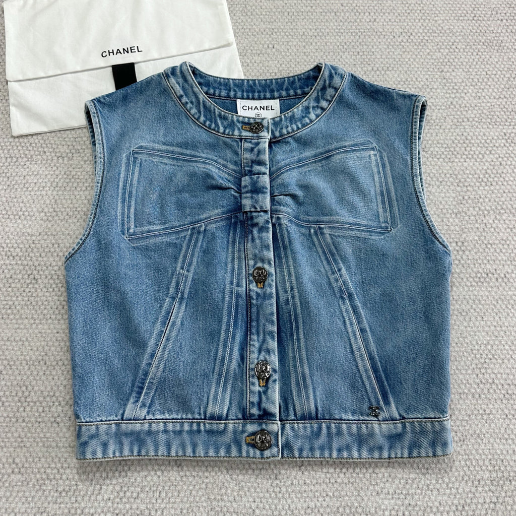 Women's Spring/Fall Casual Solid-Color Cotton Crew Neck Bow-Detail Denim Sleeveless Vest Ngvp #2591