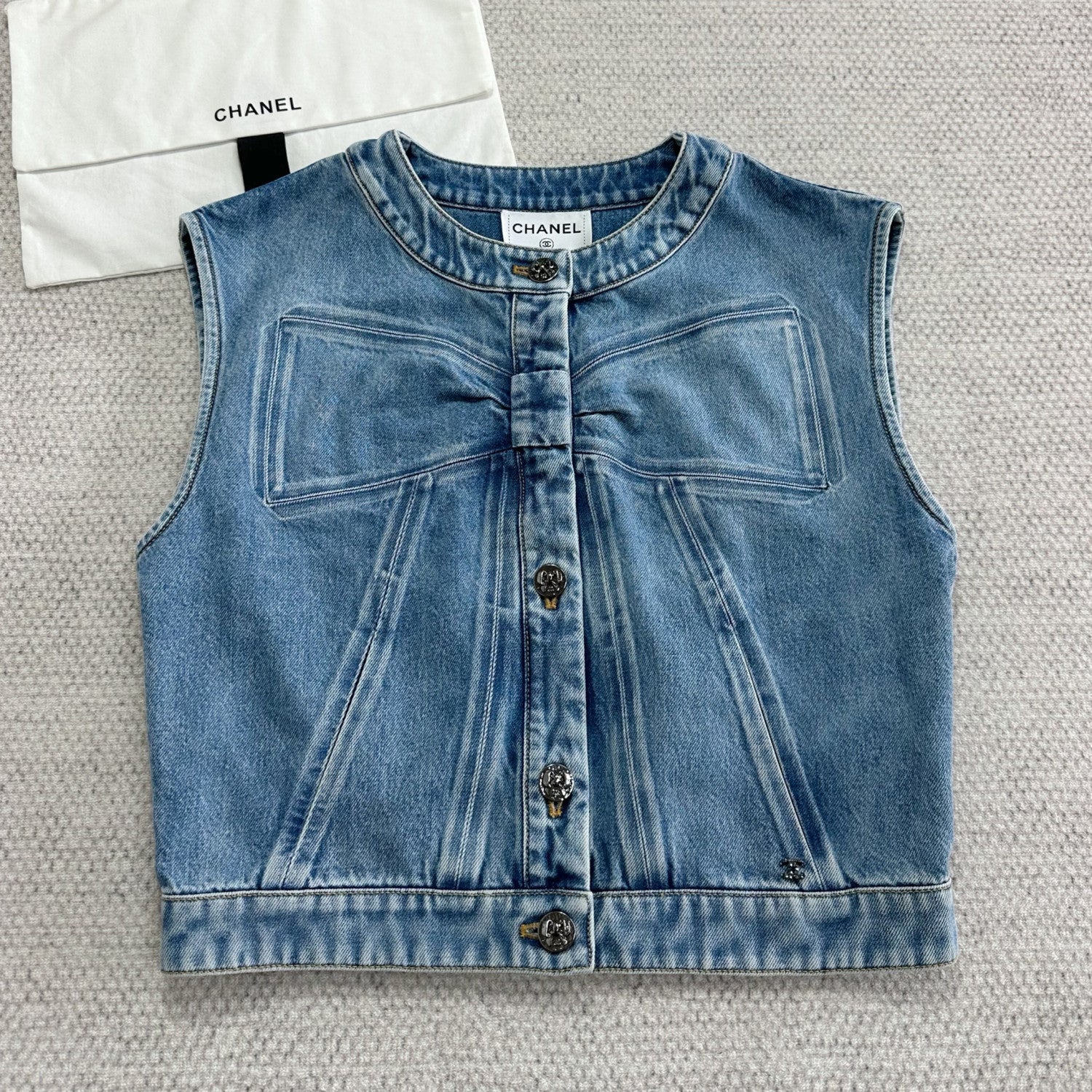 Women's Spring/Fall Casual Solid-Color Cotton Crew Neck Bow-Detail Denim Sleeveless Vest Ngvp #2591