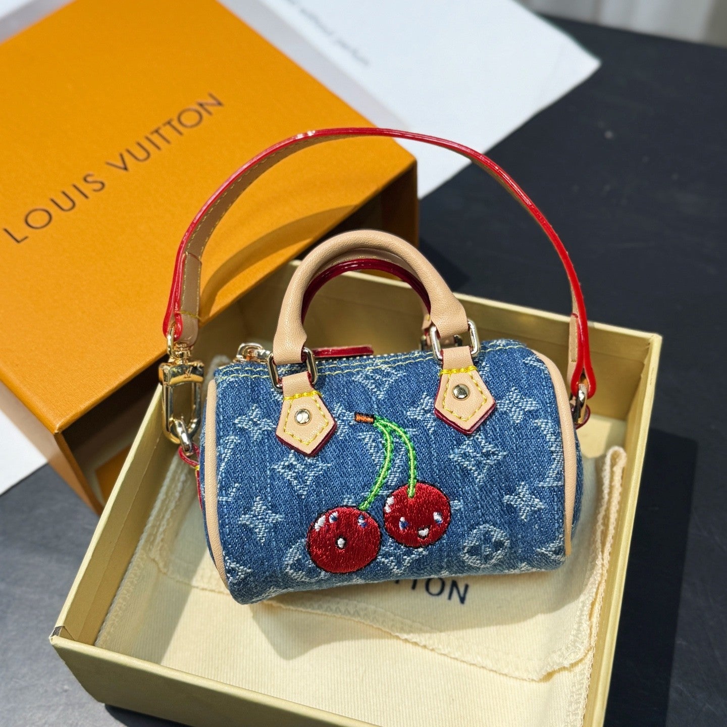 LV x TM Micro Speedy Denim Cerise Women's Blue Denim Fabric Cherry Pattern Mini Bag Bags #77583