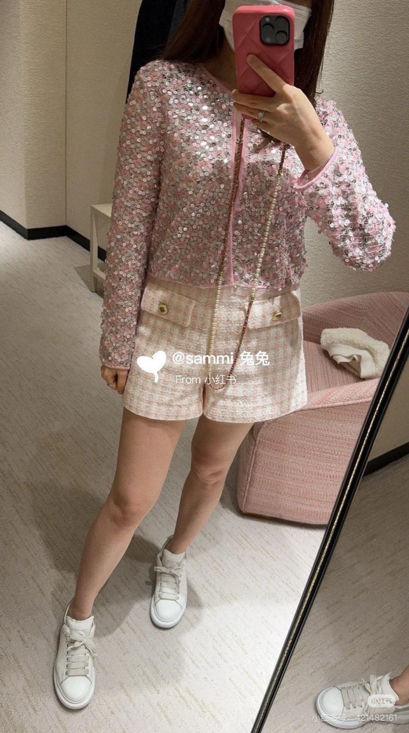 Women's Spring And Summer Sequin Design Round Neck Single-breasted Pink Long sleeved Knit Sweater Jacket #73656