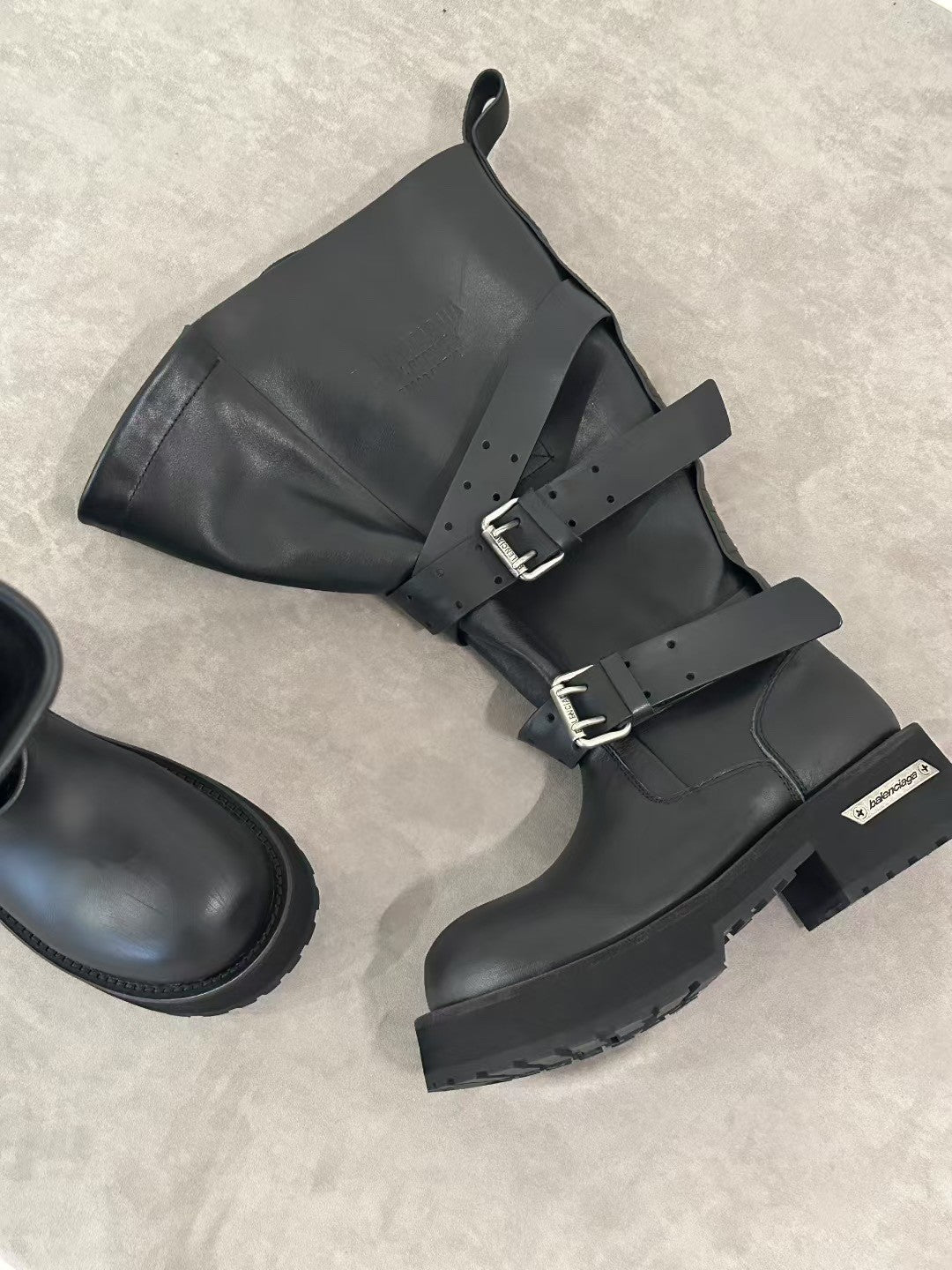 B Venom Men's And Women's Solid Color Autumn/winter Round Toe Buckle Cowhide Leather High Top Boots Shoes #78113