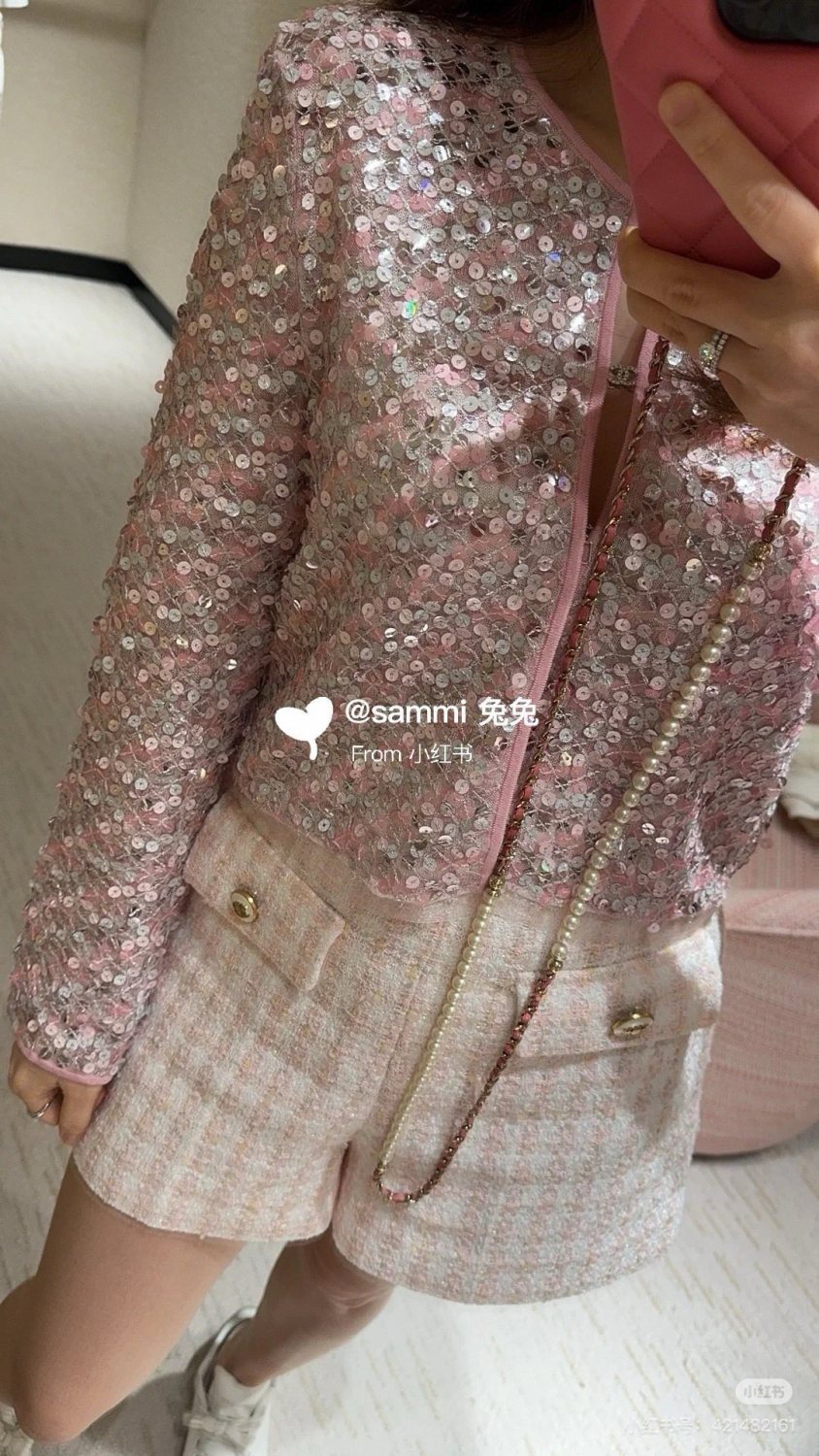 Women's Spring And Summer Sequin Design Round Neck Single-breasted Pink Long sleeved Knit Sweater Jacket #73656