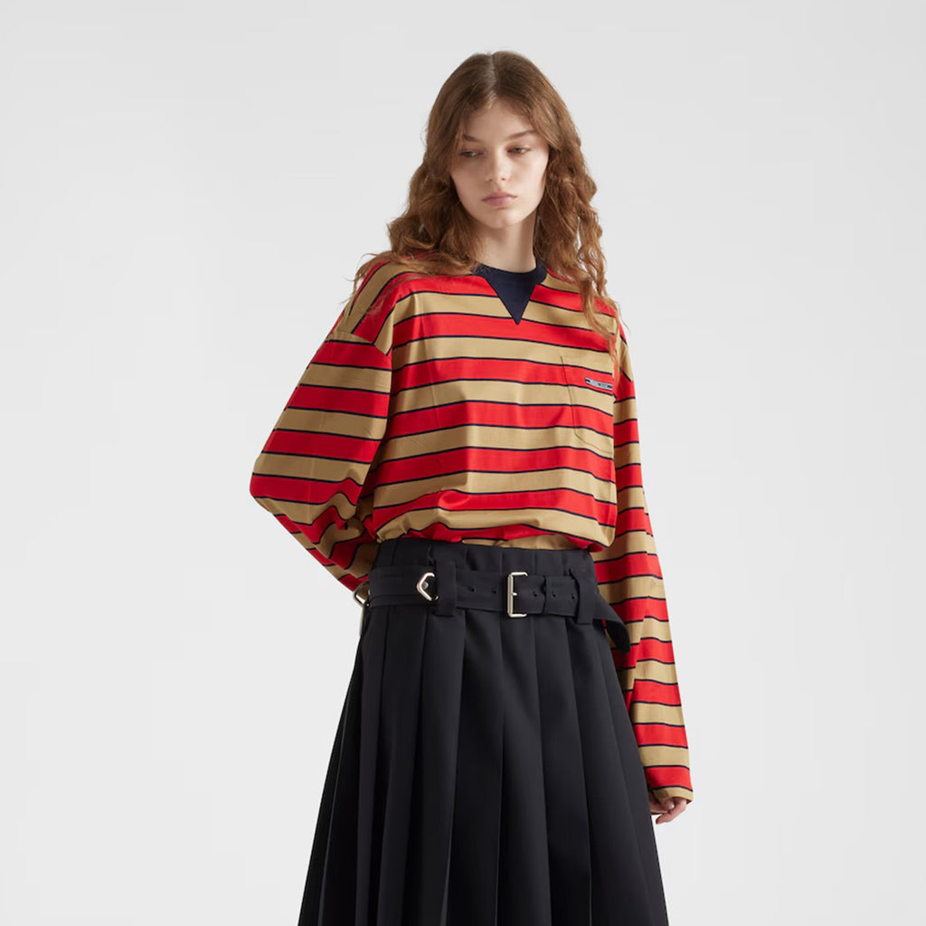 Women's Spring Logo Embroidery Long Sleeve Striped Lisle Cotton Loose Solid Color T-Shirt #71942