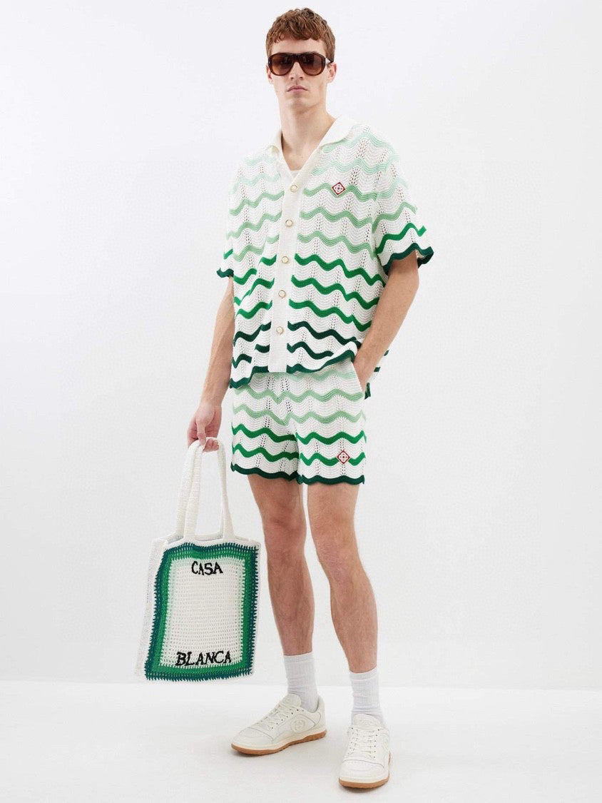 Men's Summer Wave Stripe Single Breasted Knit Short Sleeve Shirt Cotton Shorts Pants Suit Set #98831