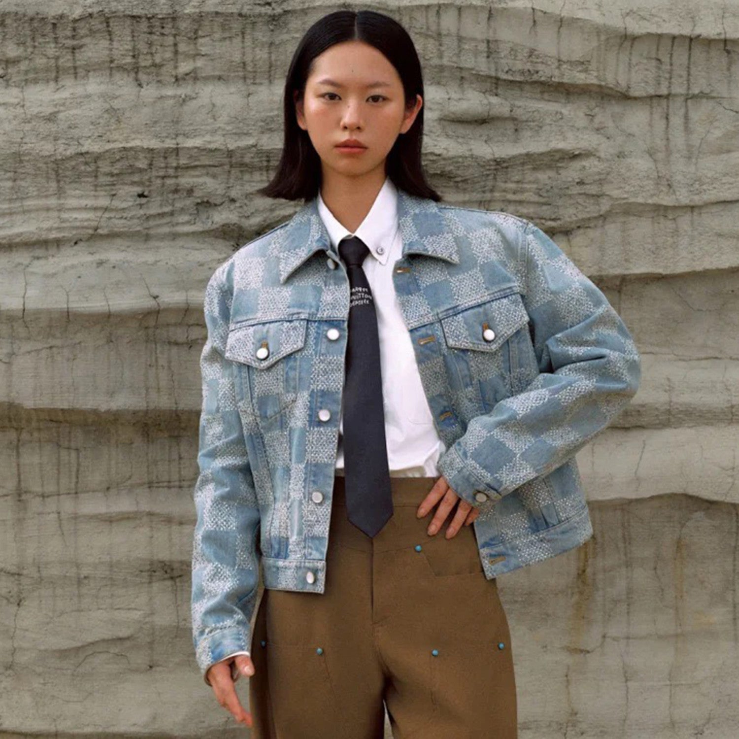 Men's Fall And Winter Mto Embellished Damier Denim Jacket Checkerboard Checkered Jacket With Diamonds Fashionable Versatile Jacket Ngvp #9126