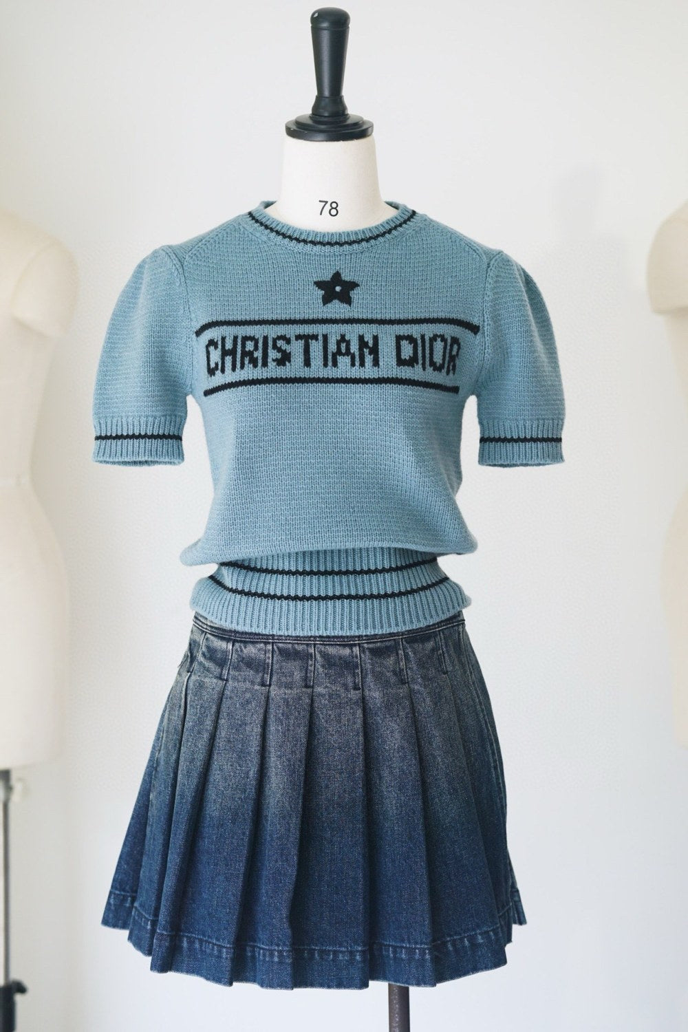 Women's Summer White Logo Round Neck Cashmere Knit Short Sleeve T-Shirt #74553