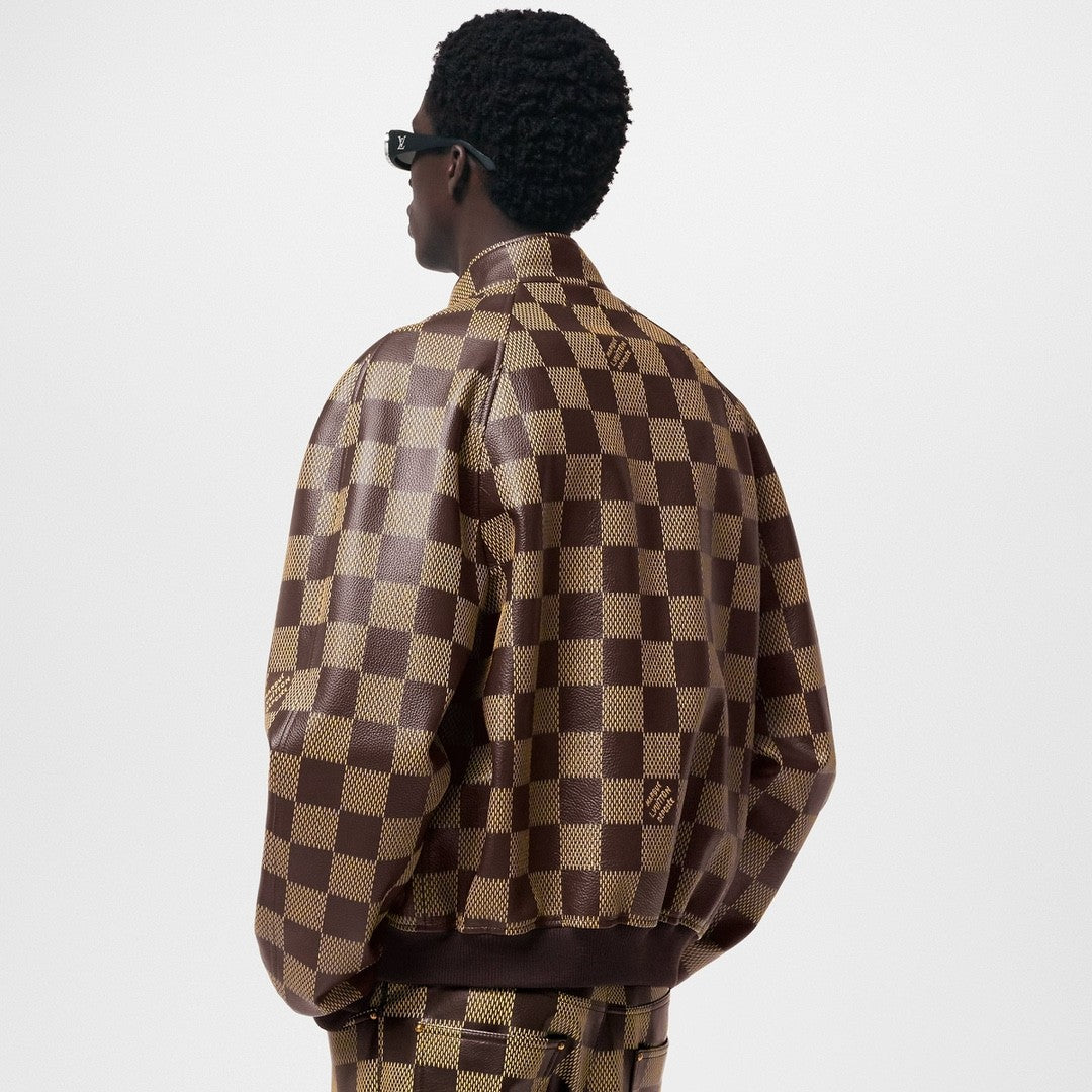 Men's Fall And Winter Brown Checkerboard Pattern Collar Zipper Cowhide Long Sleeved Jacket #72772
