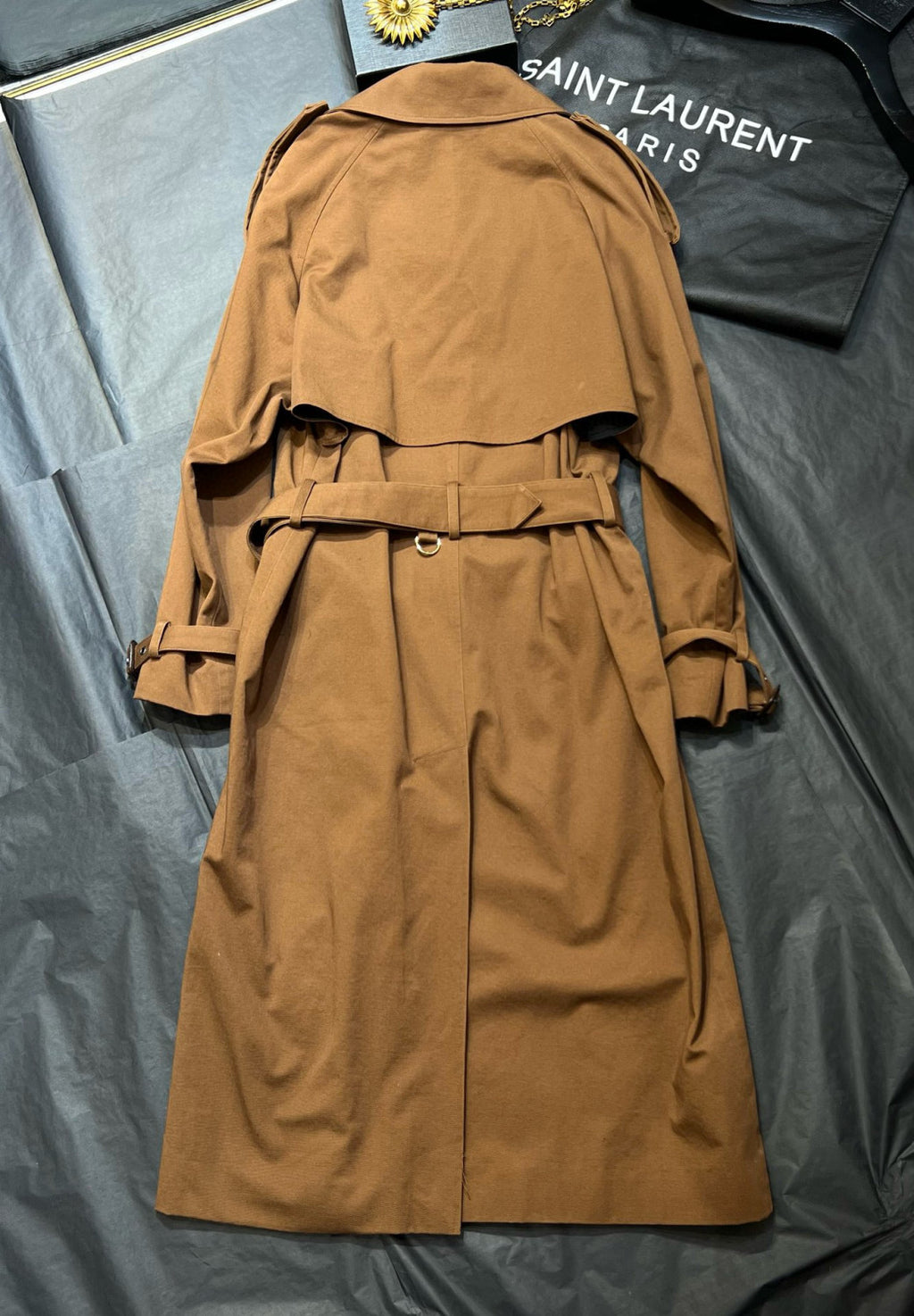 Women's Spring And Autumn Solid Color Belt Double-Breasted Buckle Lapel Medium-Length Cotton Long-Sleeved Windbreaker Jacket Ngvp #7867