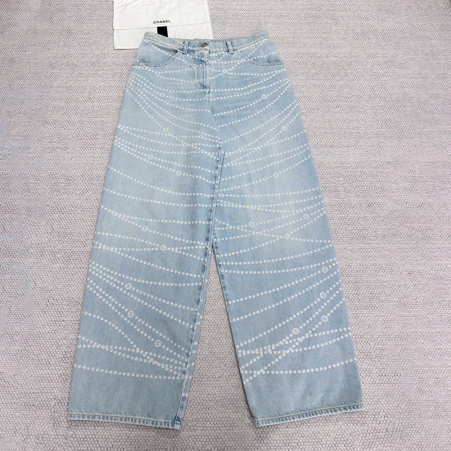 Women's Chain Printed Zipper Casual Wide Leg Pants Four Seasons Loose Cotton Denim Trousers Pants #76228