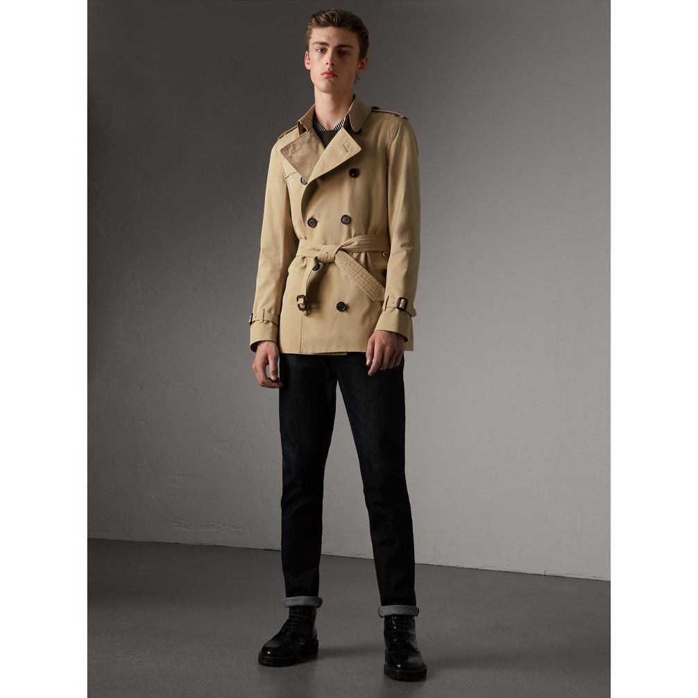 Men's Spring And Fall Solid Color Double Breasted Short Corseted Trench Coat Jacket #72857